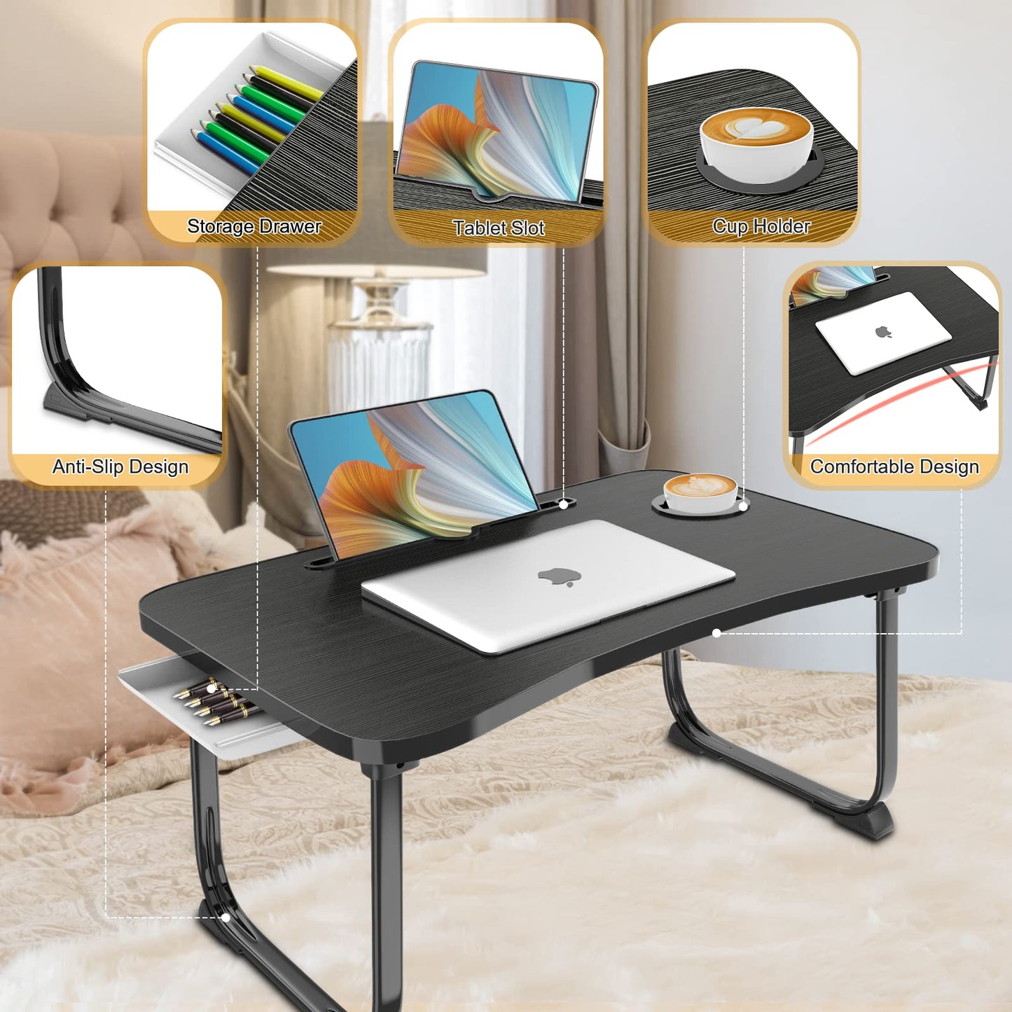 Fayquaze Portable Foldable Lap Desk with Storage Drawer and Cup Holder - Laptop Bed Stand Tray Table for Eating, Reading and Working