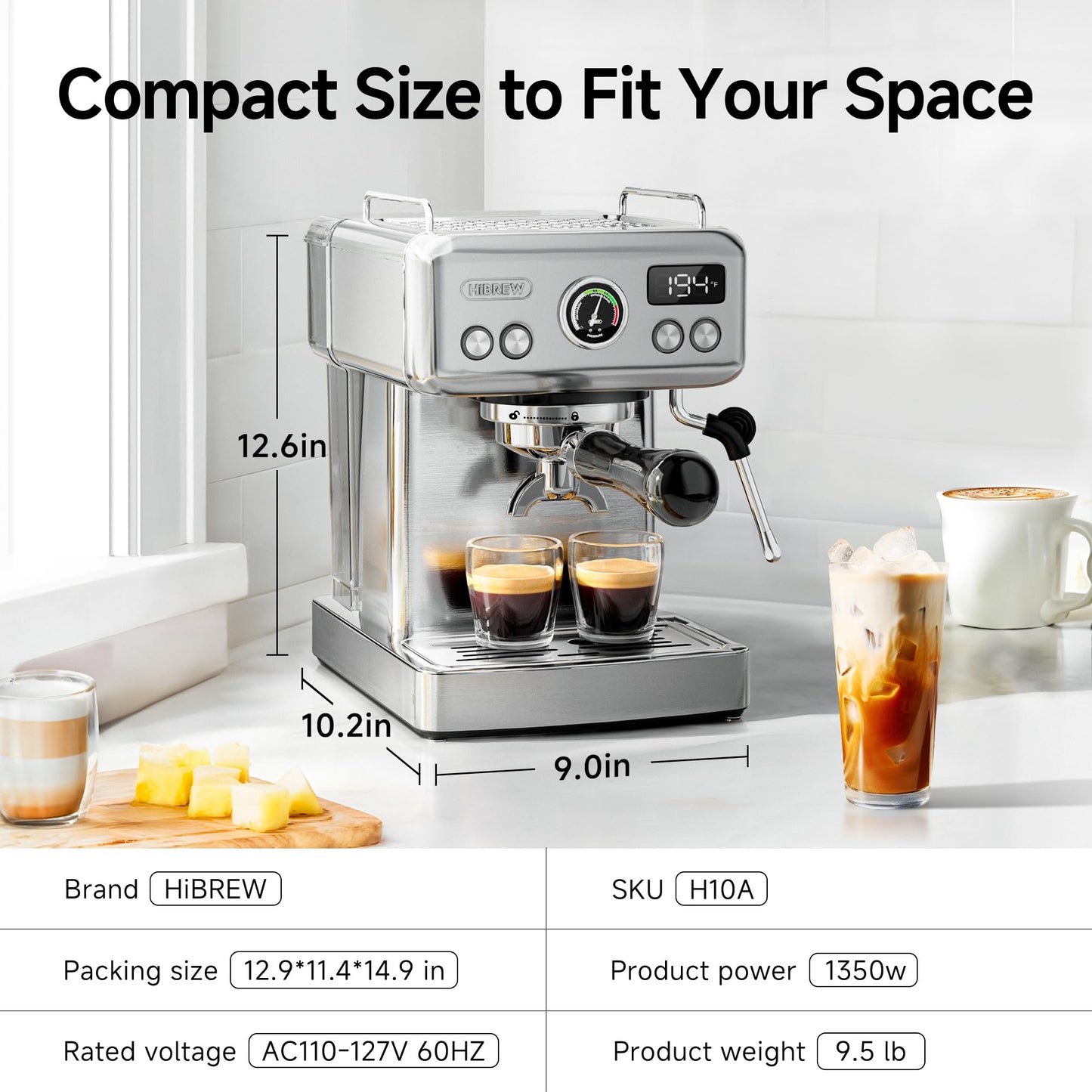 HIBREW H10A - 58mm Espresso Machine, Stainless Steel Body with Milk Frother, Customizable Settings, Smart Display + 20 Bar Pressure Gauge.