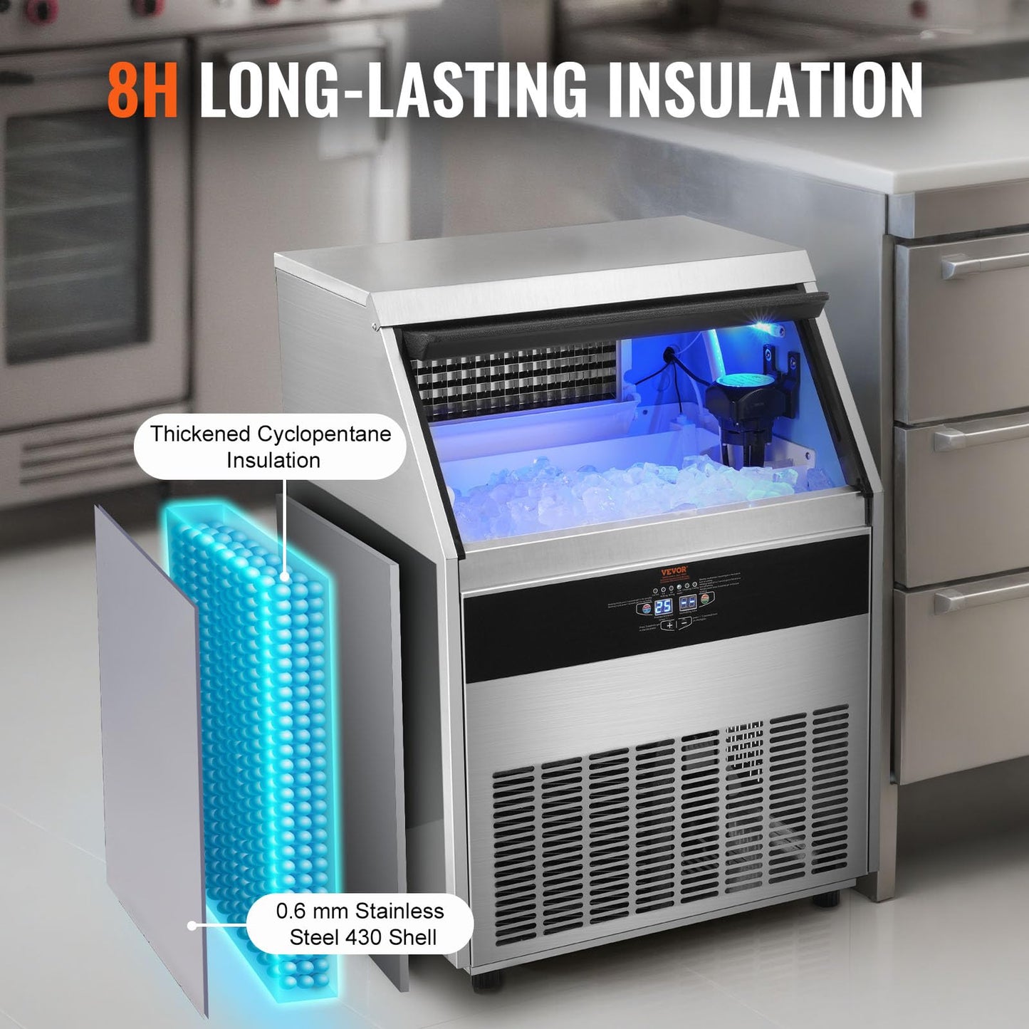 Vevor Commercial Ice Maker Machine, 330Lbs/24H Ice Maker Machine With 88Lbs Storage Capacity, 126 Ice Cubes In 12-15 Minutes, Le