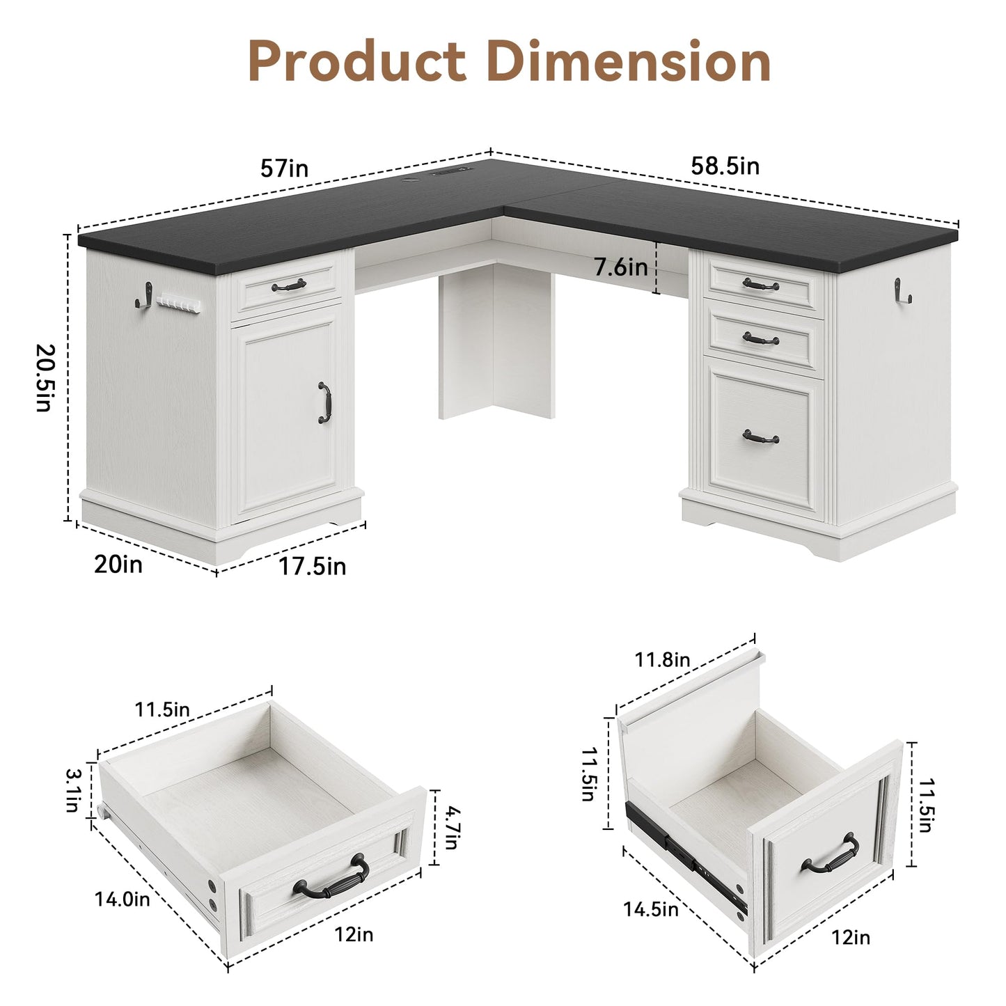 Farmhouse L Shaped Executive Desk with 4 Drawers, Home Office Desk with Hidden Under-Desk Storage Shelf and Charging Station, File Cabinet Storage, Wood Corner Computer Desk for Work and Study, White