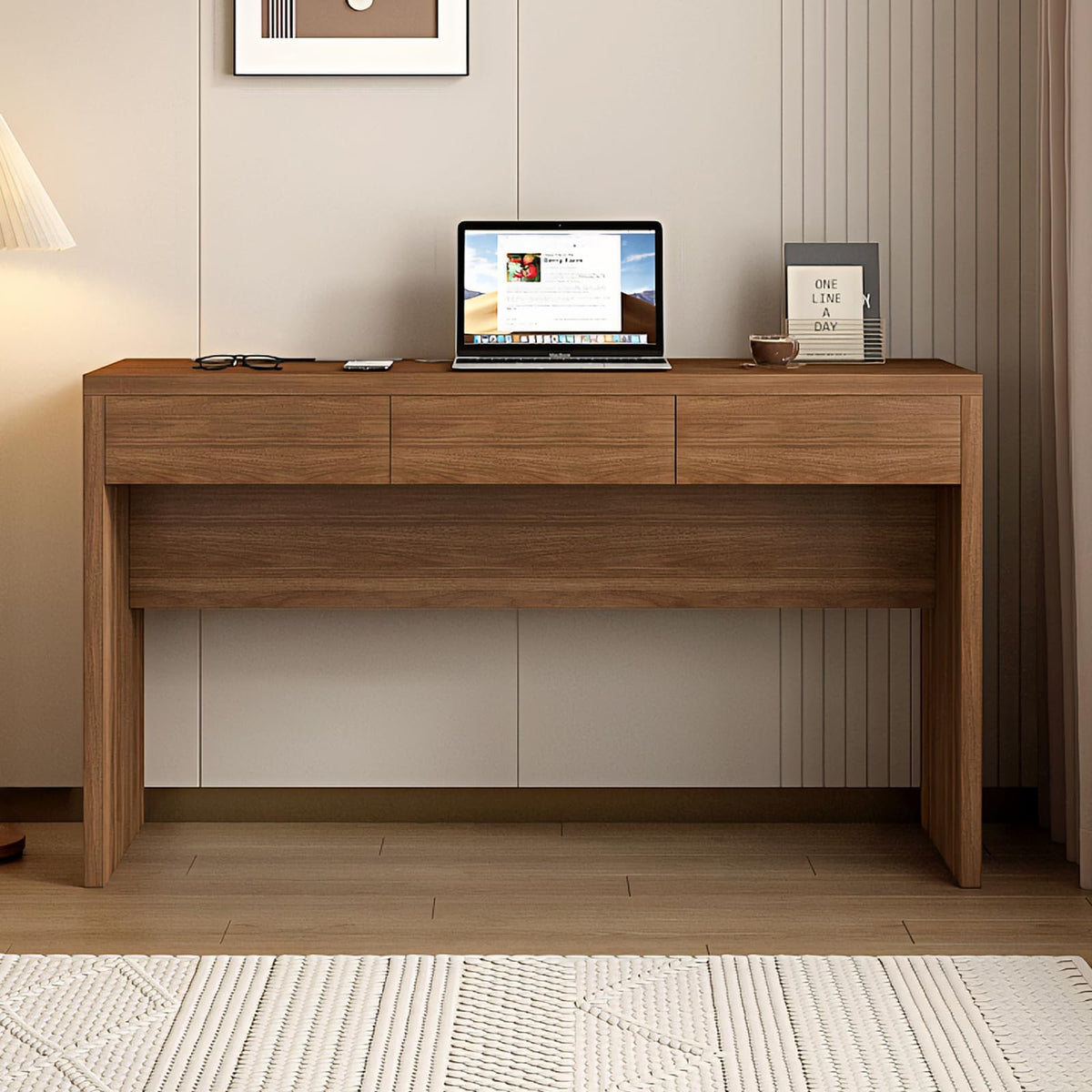 Messenya 55-Inch Office Desk with Pull-Out Outlet, Computer Desk with 3 Sturdy Drawers, Writing/Gaming/Work/Study Desk for Bedroom, Living Room & Home Office, Brow (Brown, 55)