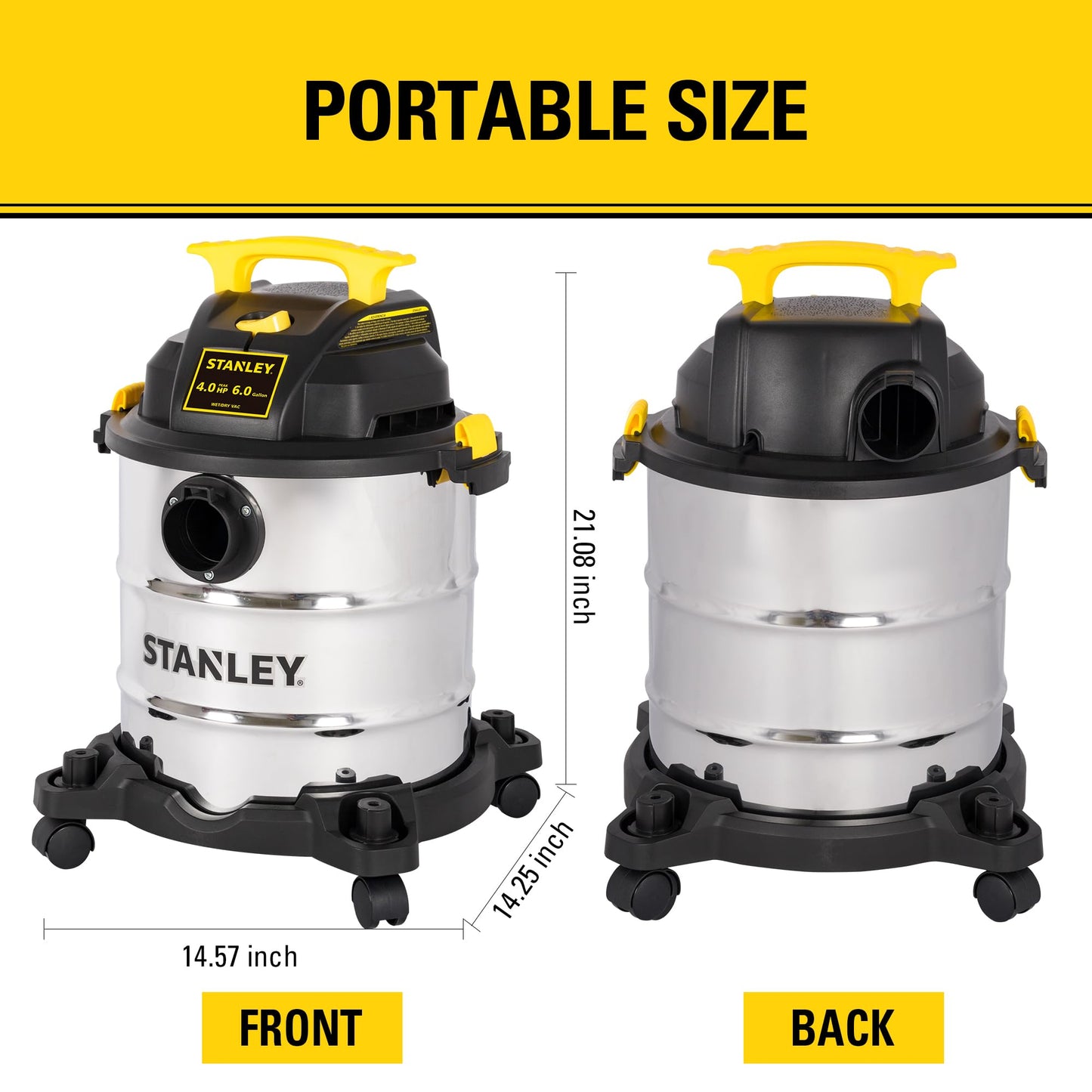 STANLEY SL18116 Wet/Dry Vacuum, 6 Gallon, 4 Horsepower, Stainless Steel Tank, 4.0 HP, Silver+Yellow