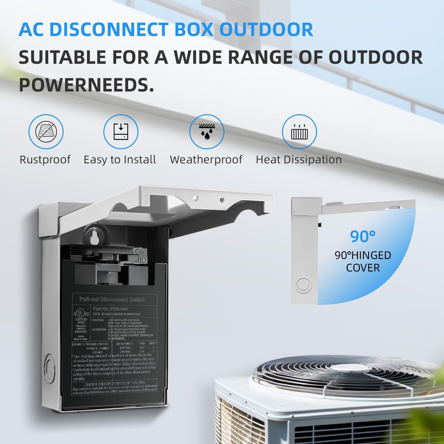 CHGAOY 30 Amp AC Disconnect Switch Outdoor 120/240VAC Pull Out Switch Waterproof Metal Box for Air Conditioning Non-Fused