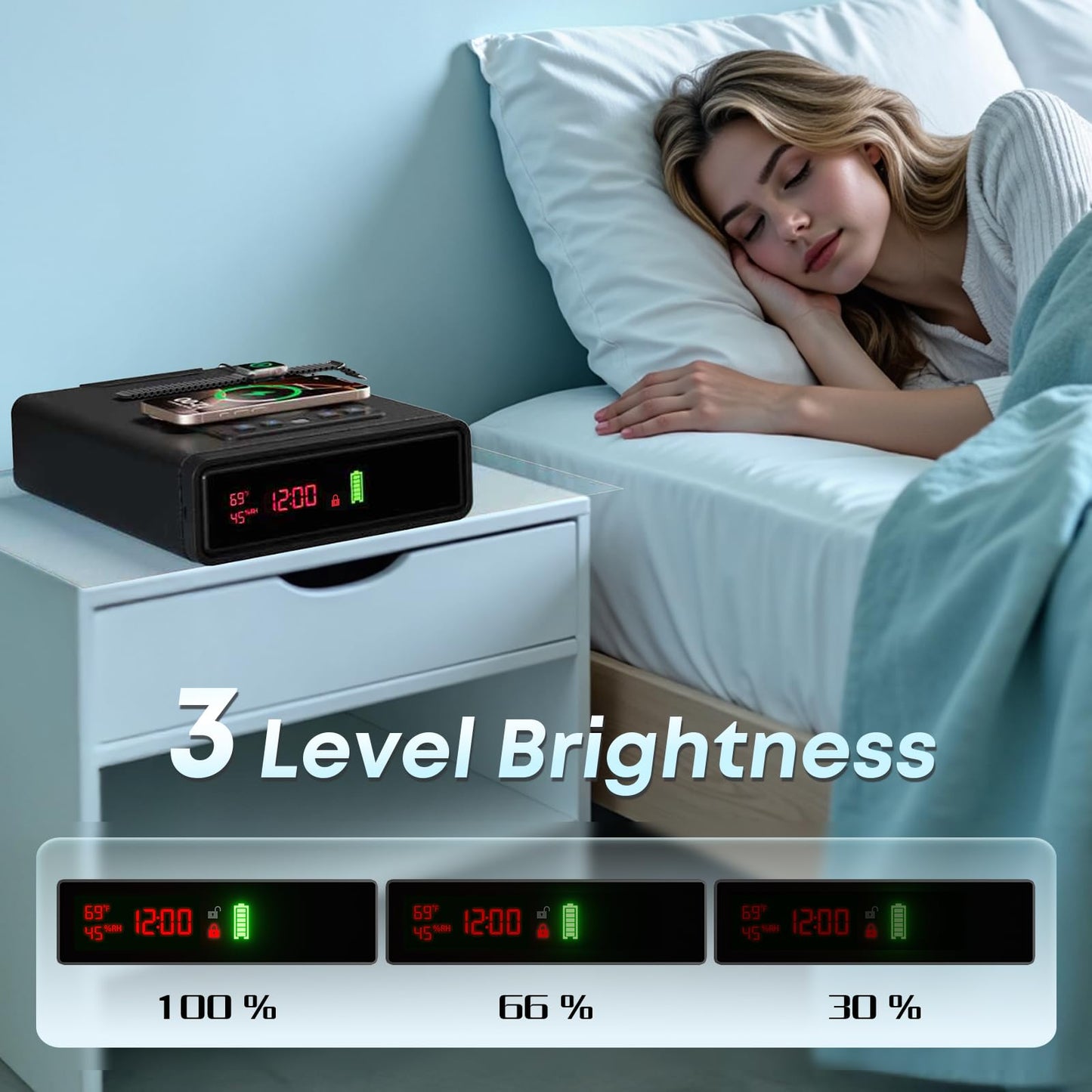 Biometric Fingerprint Gun Safe with Phone & Watch Wireless Charging, 3 Quick Access, Clock Handgun Safe with Adjustable Brightness, Backlit Keypad, Pistol safe for home, office, family