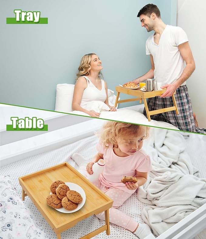 Youpehom Bed Tray Table with Folding Legs,Bamboo Breakfast in Bed for Kitchen Serving Tray,Sofa,Eating,Used As Laptop Desk Snack Tray (Bamboo, Medium)