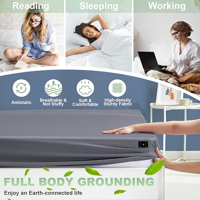 CHALTOUL Grounding Sheets Full Size Premium Cotton for Healthy Sleep Therapy, Deep Pocket Grounding Fitted Sheets Includes Grounding Cord (Gray, Full -54"x75"x14")