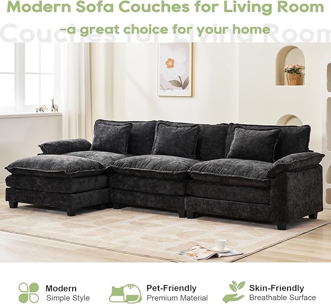 Oprisen 120" Modular Sectional Sofa, Comfy Cloud Couch Sectional Sofa with Ottoman, Chenille Sofa Sleeper Deep Seat Sofa with Throw Pillows for Living Room (Black, 120"- L Shape)