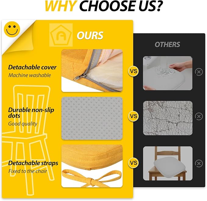 AAAAAcessories D-Shaped Chair Cushions, 2" Thick Dining Chair Pads with Ties and Removable, Machine-Washable Cover, 17" x 16", Set of 8, Golden Yellow
