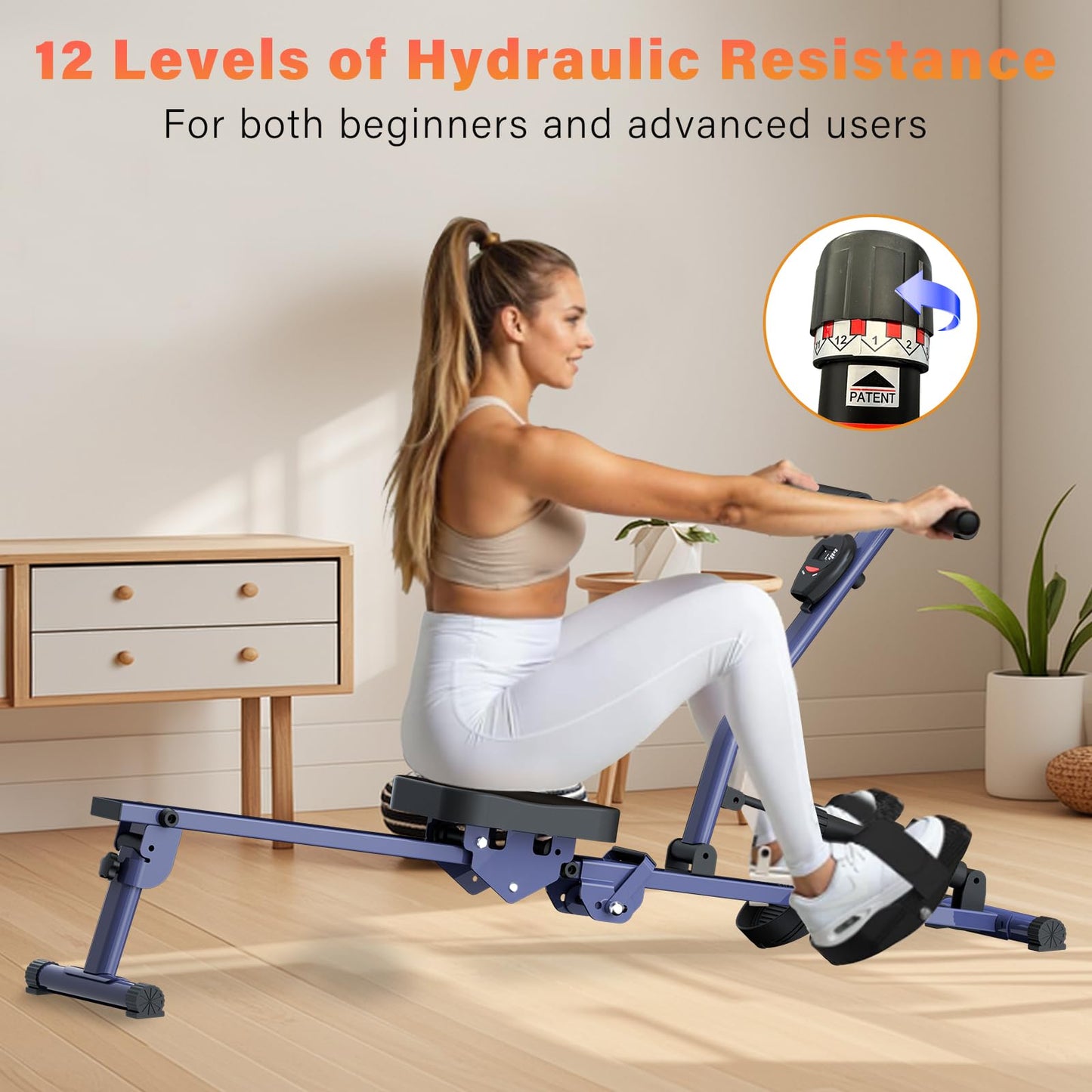 Rowing Machines for Home, Hydraulic Rower Compact Foldable, 300LBS Weight Capacity with 12 Levels Adjustable Resistance for Full-Body Cardio Workouts