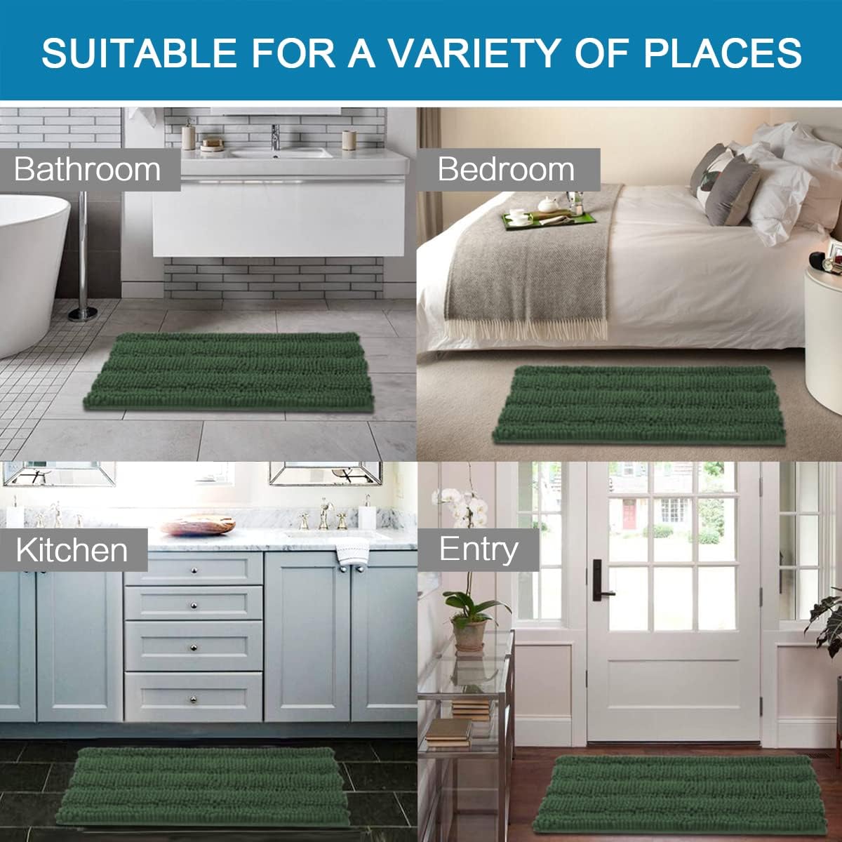 H.VERSAILTEX Bath Rugs for Bathroom Non Slip Bath Mats Extra Thick Chenille Striped Rug 20" x 32" Absorbent Non Skid Fluffy Soft Shaggy Washable Plush Mat for Indoor, Bath Room, Tub - Bronze Green