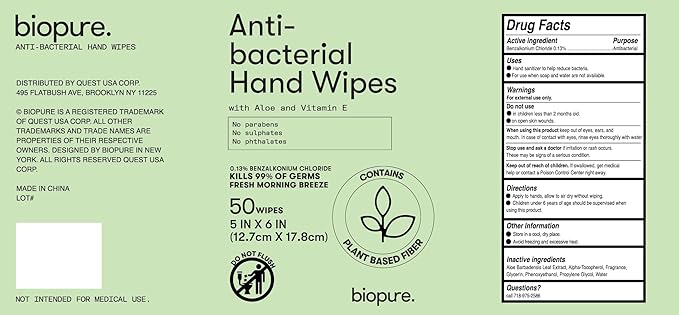 Biopure Antibacterial Hand Wipes Fresh Morning Breeze- Antibacterial Wipes with Aloe and Vitamin E Formula | 5"x7" Wet Wipes Canister | No Parabens, Sulfates or Phthalates, Kills 99% of Germs, 600 ct