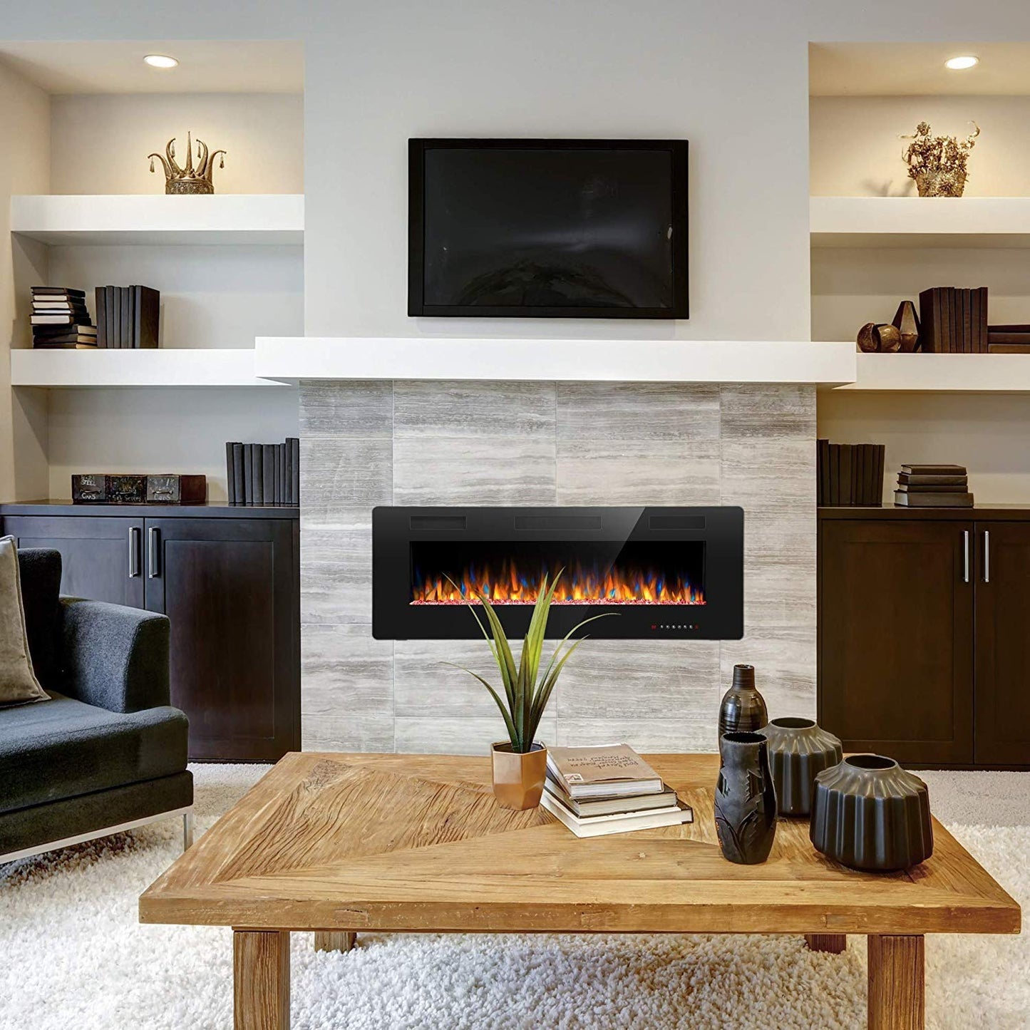 Joy Pebble 50 Inch Electric Fireplace Inserts, in-Wall Recessed and Wall Mounted 750/1500W Fireplace Heater, Touch Screen, Remote Control with Timer, Adjustable Flame Color and Speed