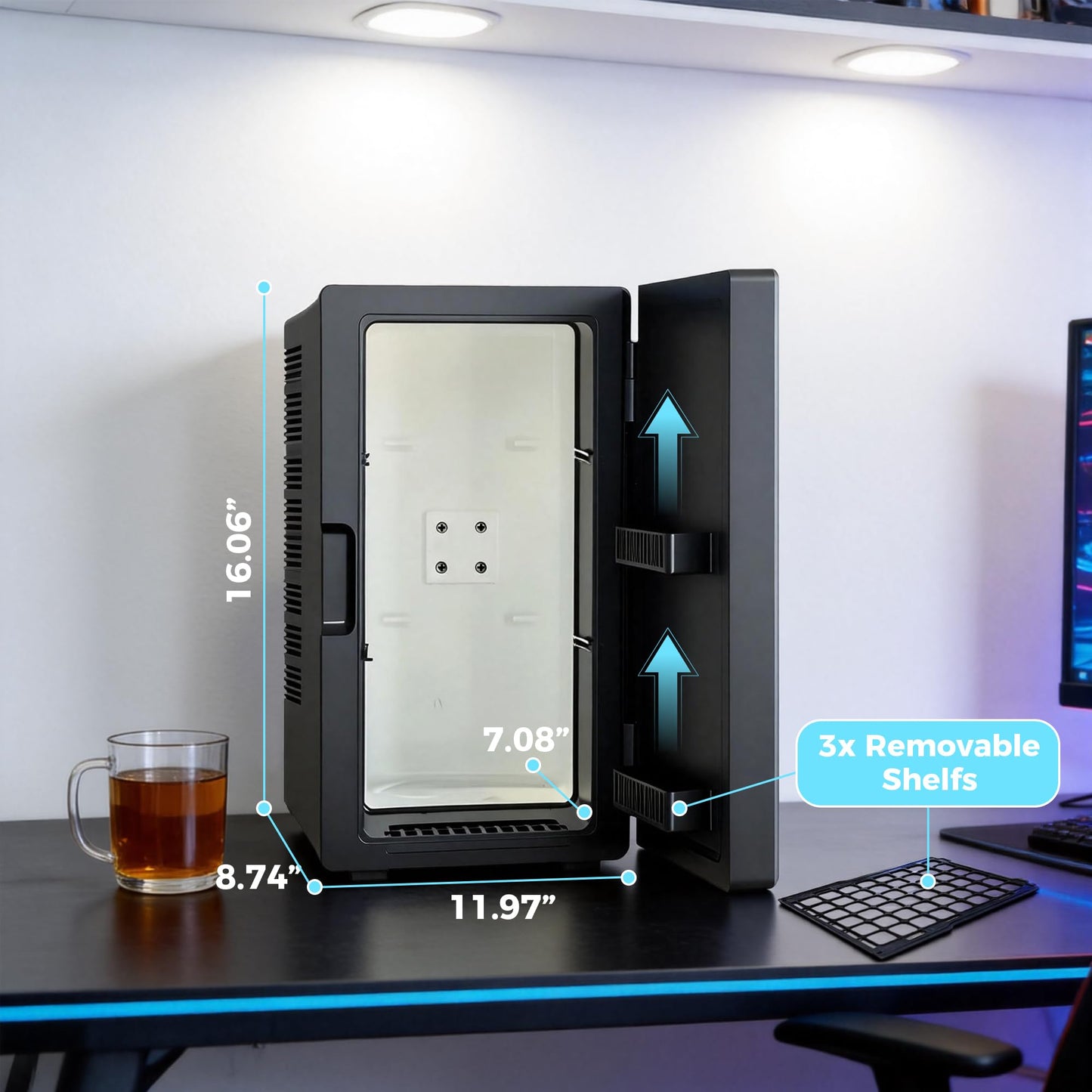 Mini Fridge, iceBlue 24 Display Modes Adjustable LED Light Gaming Mini Fridge, 10 Liter /4 Bottles Wine Fridge, Wine Cooler, Skincare Fridge with Remote Control for Bedroom, Office, Dorm, Gift - Black