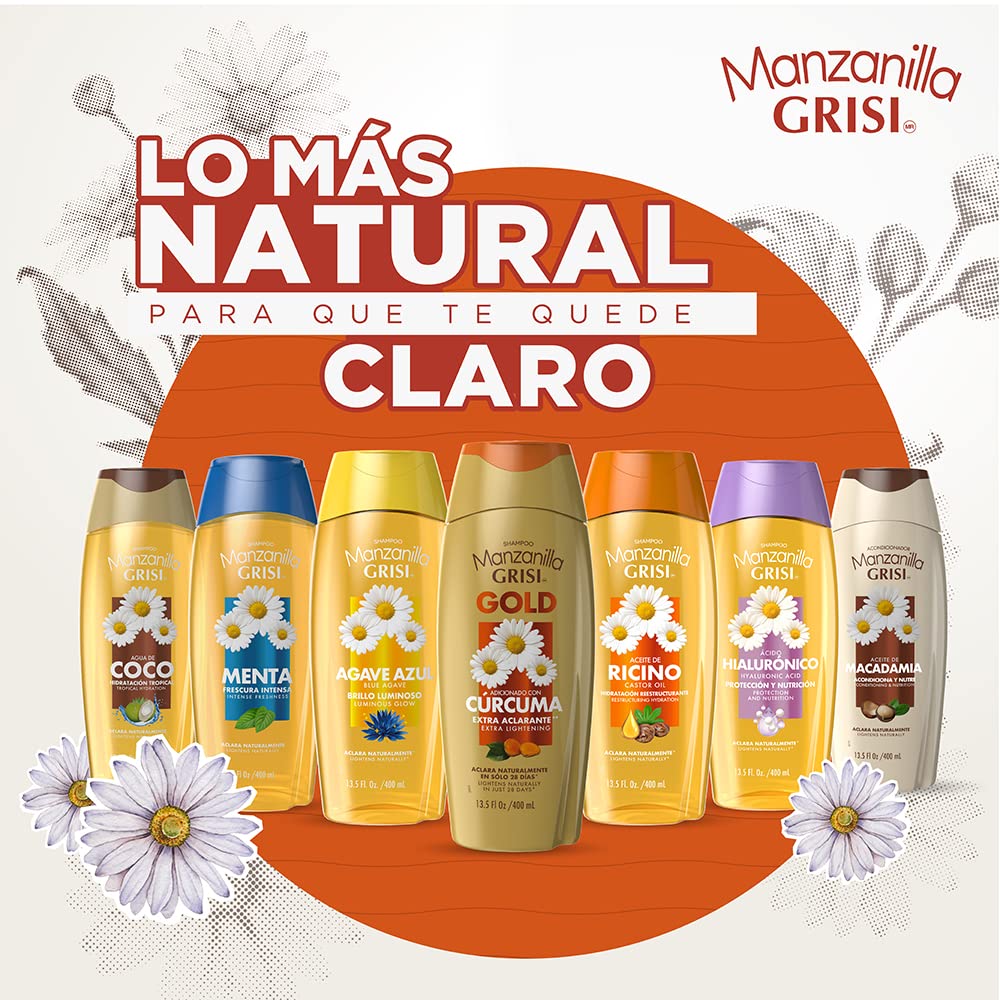 Manzanilla Grisi Gold Extract Lightening Shampoo, Extra lightening and glowing effect hair, with Chamomile Flower Extract and Tu