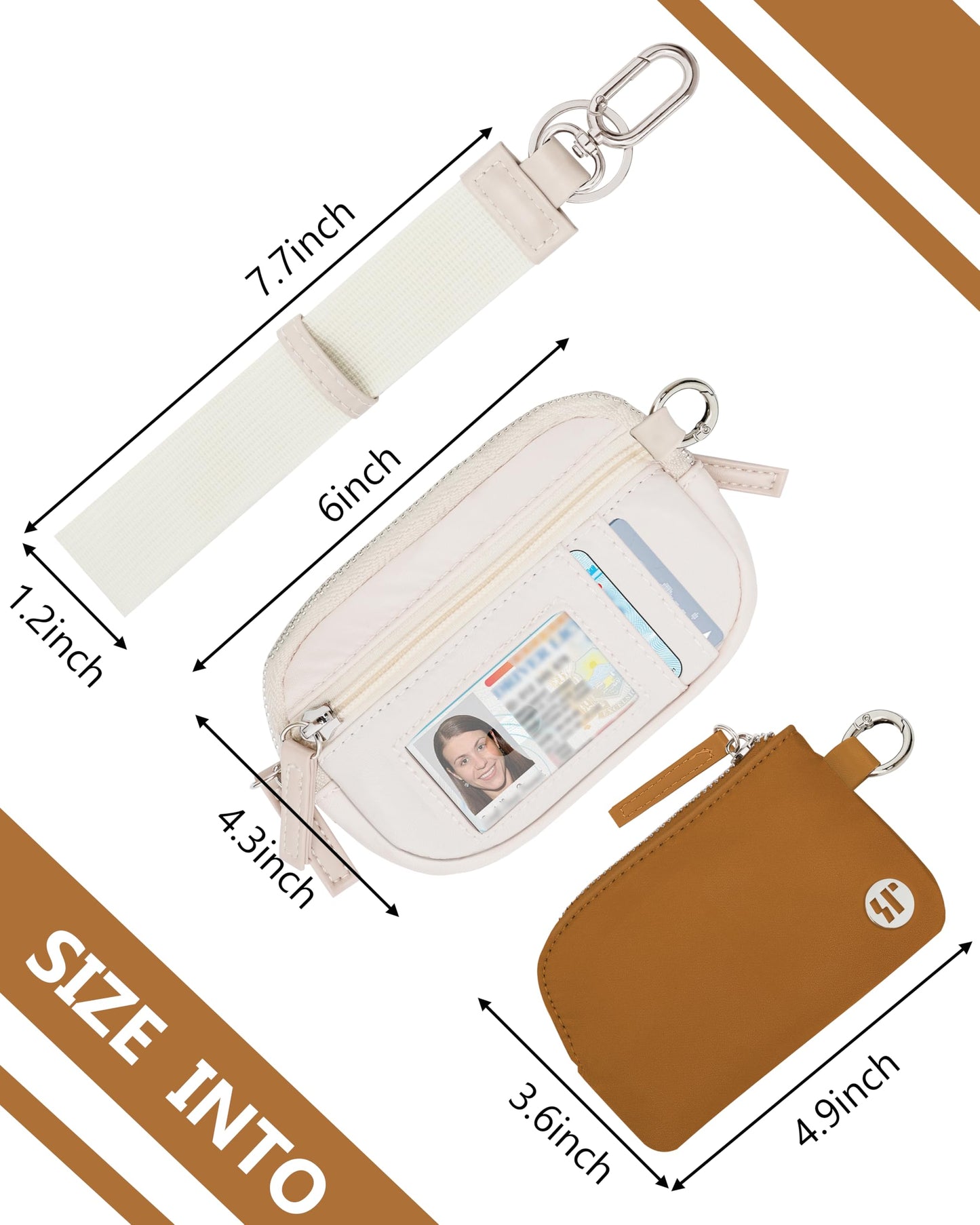 Sunpour Nylon Wristlet Wallet with Keychain for Women,Dual Pouch Small Wallet with Coin Purse & ID Window,Stylish Gift for Travel & Everyday Use (Beige&Brown)