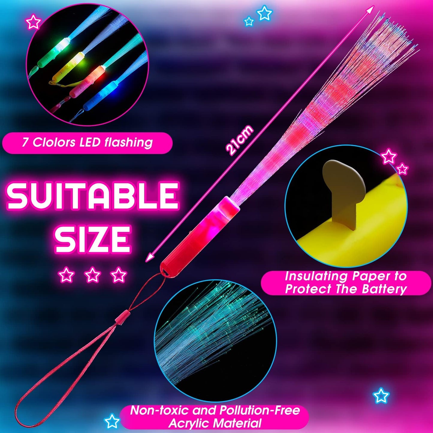 Zhanmai 24 Pieces Upgraded Glow Fiber Wands Sticks, LED Light Fiber Optic Wands LED Flashing Glow Sticks Supplies for Wedding Party Favors