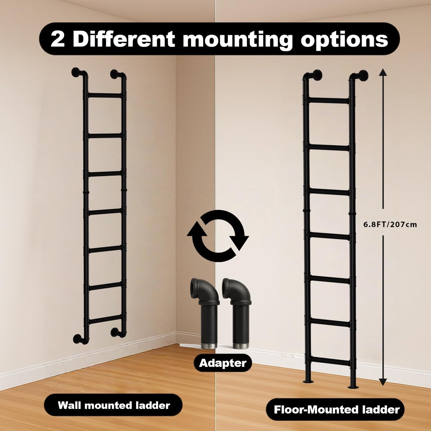 Black 7-Step Wall Mounted Ladder, 7FT Steel Egress Window Well & Loft Ladder for Attic Basement Gym – Wall/Floor-Mounted Indoor Climb for Small Spaces & Storage Access