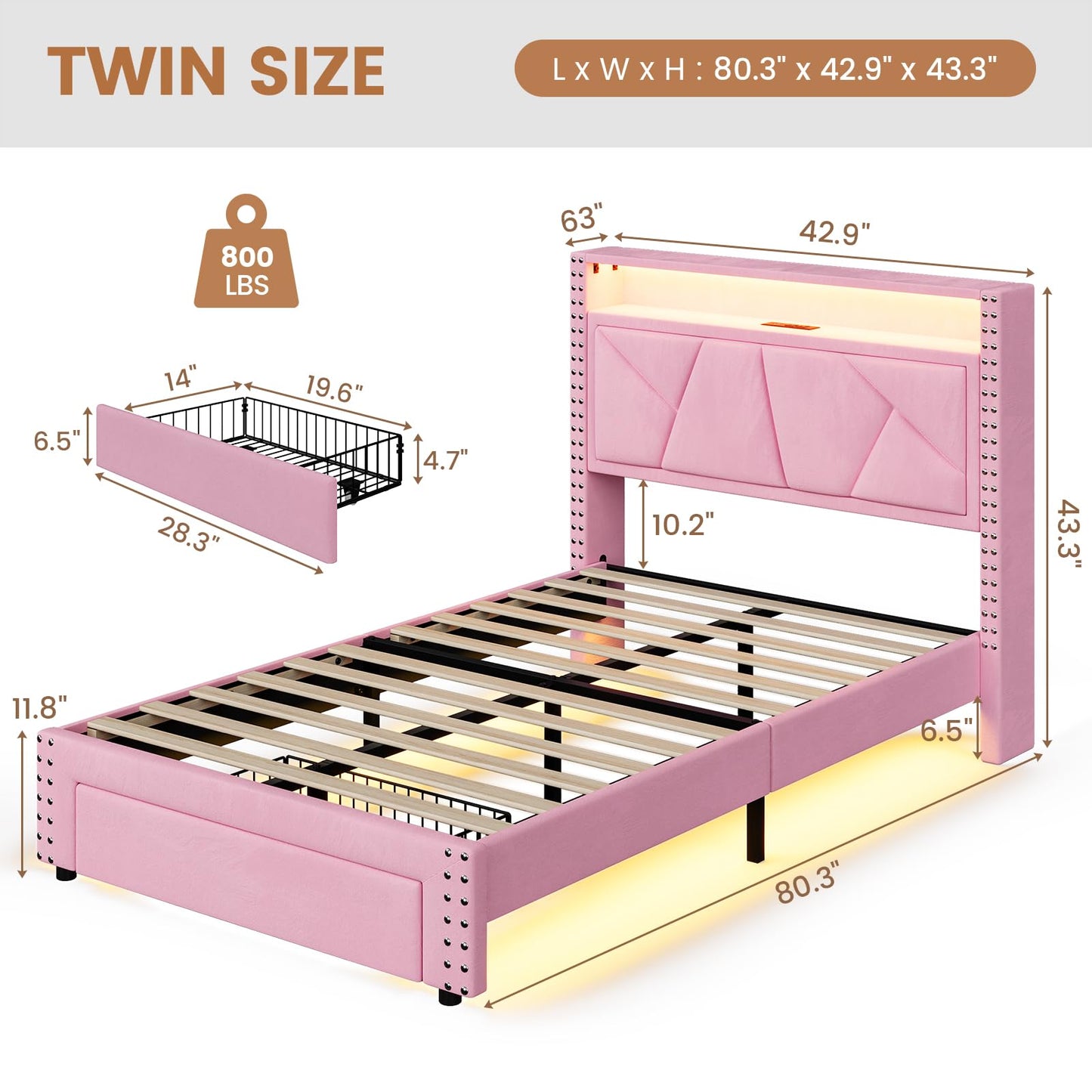 VIAGDO Pink Twin Bed Frames with LED Lights, Upholstered Platform Bed Frame Twin Size with Storage Headboard and Charging Station, LED Twin Bed Frame, No Box Spring Needed