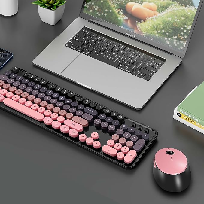 Kootop Wireless Keyboard and Mouse Combo, Cute Colorful 104 Keys Typewriter Retro Round Keycaps Keyboard for PC Laptop,Desktop,Windows, Home and Office Keyboards(Black Pink)