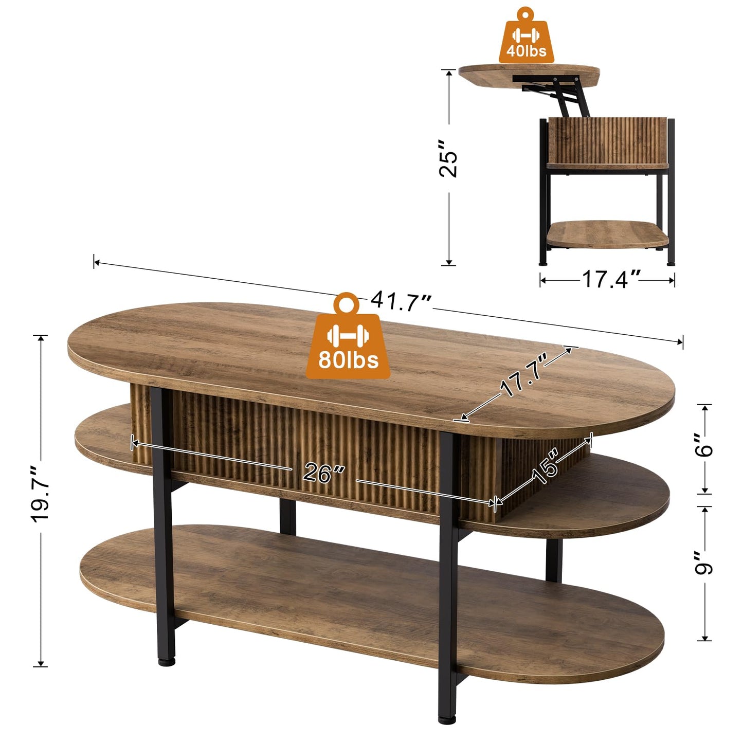 FABATO 41.7" Oval Lift Top Coffee Table, Fluted Wood Center Table with Hidden Storage, 3 Tier Small Tables with Curved Edge, Modern Narrow Coffee Table for Living Room Reception Room, Vintage Oak
