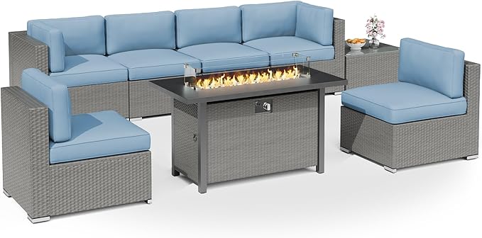Crownland 8-Piece Outdoor Patio Furniture Sets with 45” Propane Gas Fire Pit Table, All-Weather Grey Wicker Rattan Sectional Sofa with Coffee Table(Light Blue)