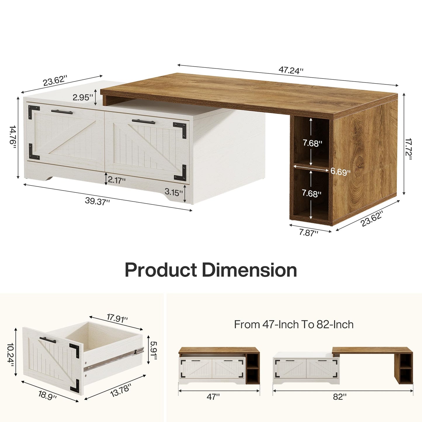 Tribesigns Extendable Large Coffee Center Table for Living Room, 47.24-Inch Farmhouse Rectangle Tea Cocktail Table with 2 Storage Drawers and Open Shelves, White and Rustic Brown