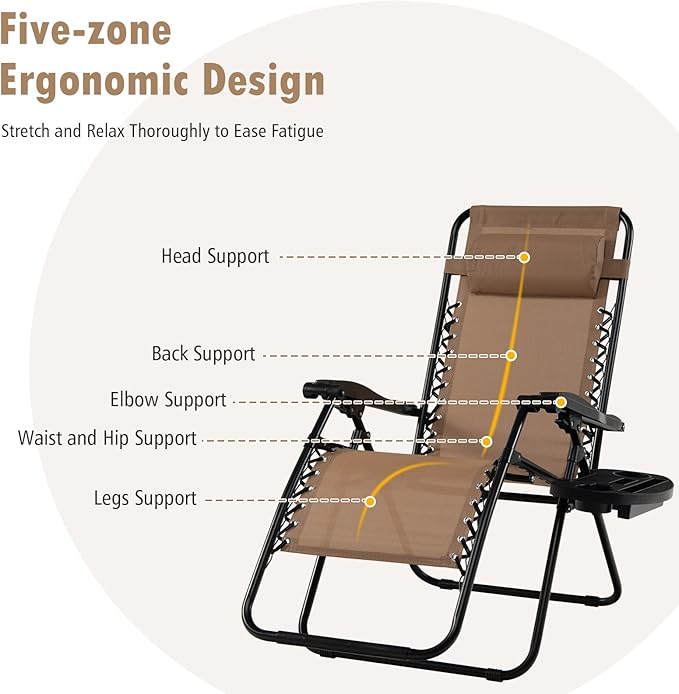 Tangkula Zero Gravity Chair, Folding Patio Lounge Chair Adjustable Outdoor Recliner with Cup Holder, Wide Armrest for Patio Garden Poolside Outdoor Yard Beach, Support 350 lbs (2, Light Brown)