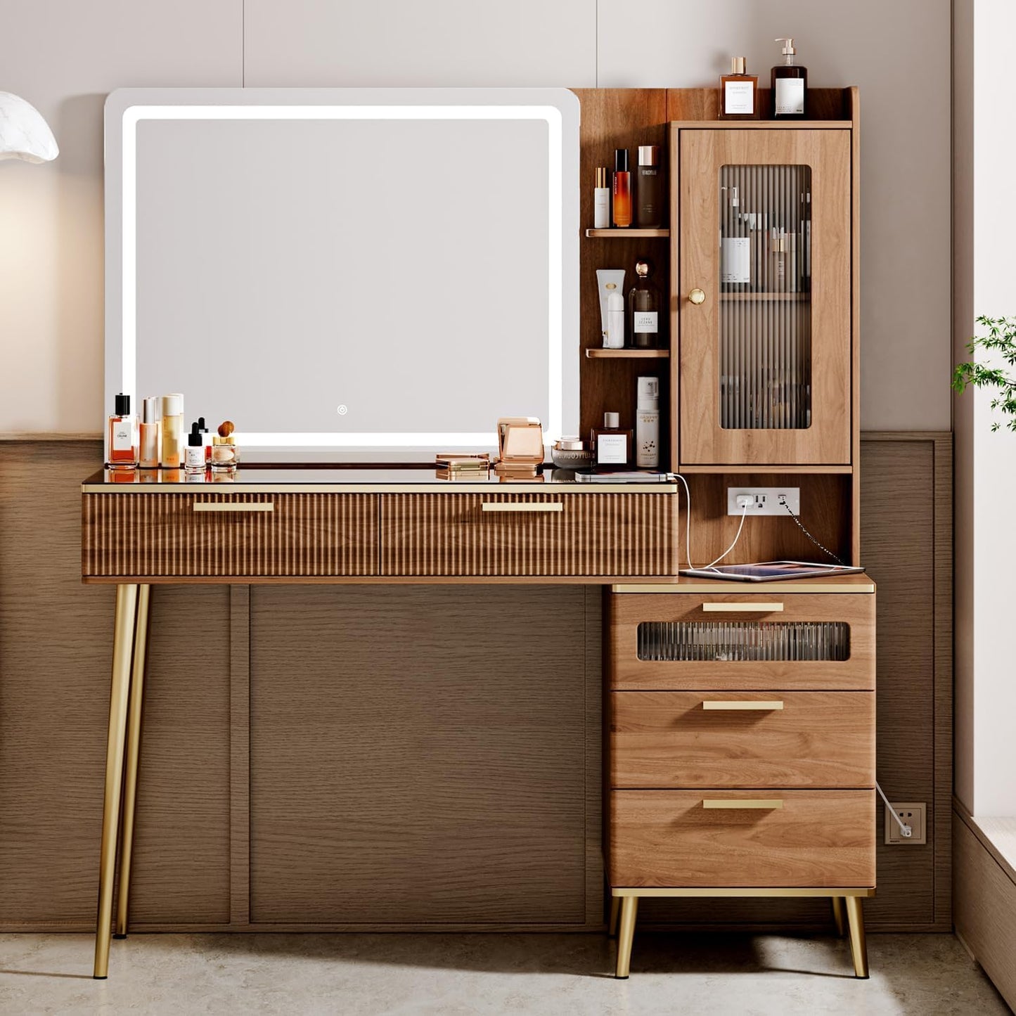 Arulvmrn Vanity Desk with 29.53" HD Lighted Mirror, 47.24" Big Modern Vanity Desk with Mirror and Lights, Makeup Vanity with 5 Drawers and Storage Shelves and Charging Station,Brown1