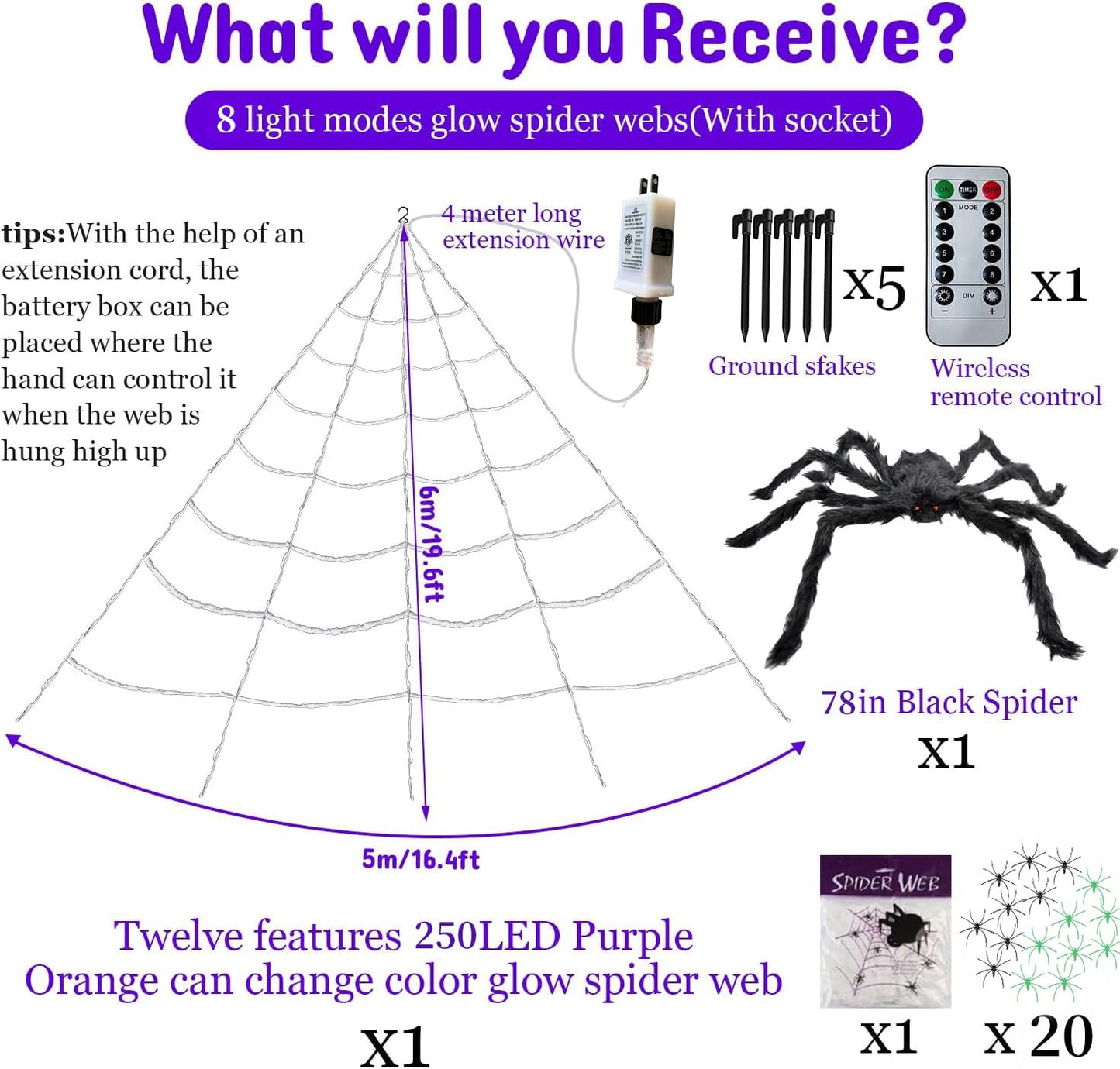 8 Modes 20 * 17FT Halloween Light Up Spider Web 250 Led Purple & Orange Lights Operated with 6.5Ft Giant Spider 200sqft Cobweb 20 Small Spiders for Indoor and Outdoor Decor Yard Decoration