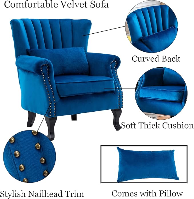 DM Furniture Mid Century Accent Chair Modern Tufted Wingback Armchair Club Chair Velvet Single Sofa Lounge Chair with Pillow for Living Room Bedroom, Blue