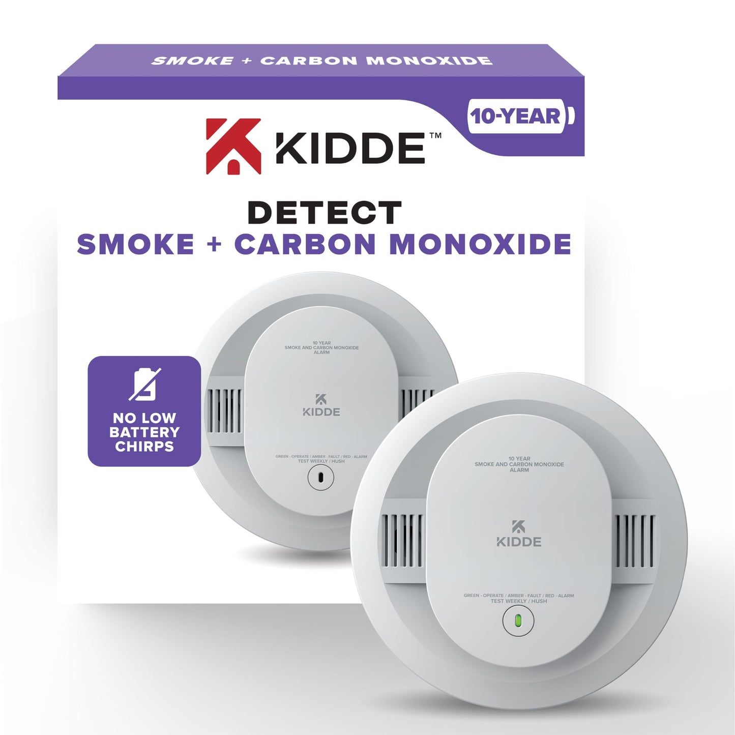 Kidde Smoke & Carbon Monoxide Detector with Smoke Detector, 10-Year Battery Powered 2-Pack