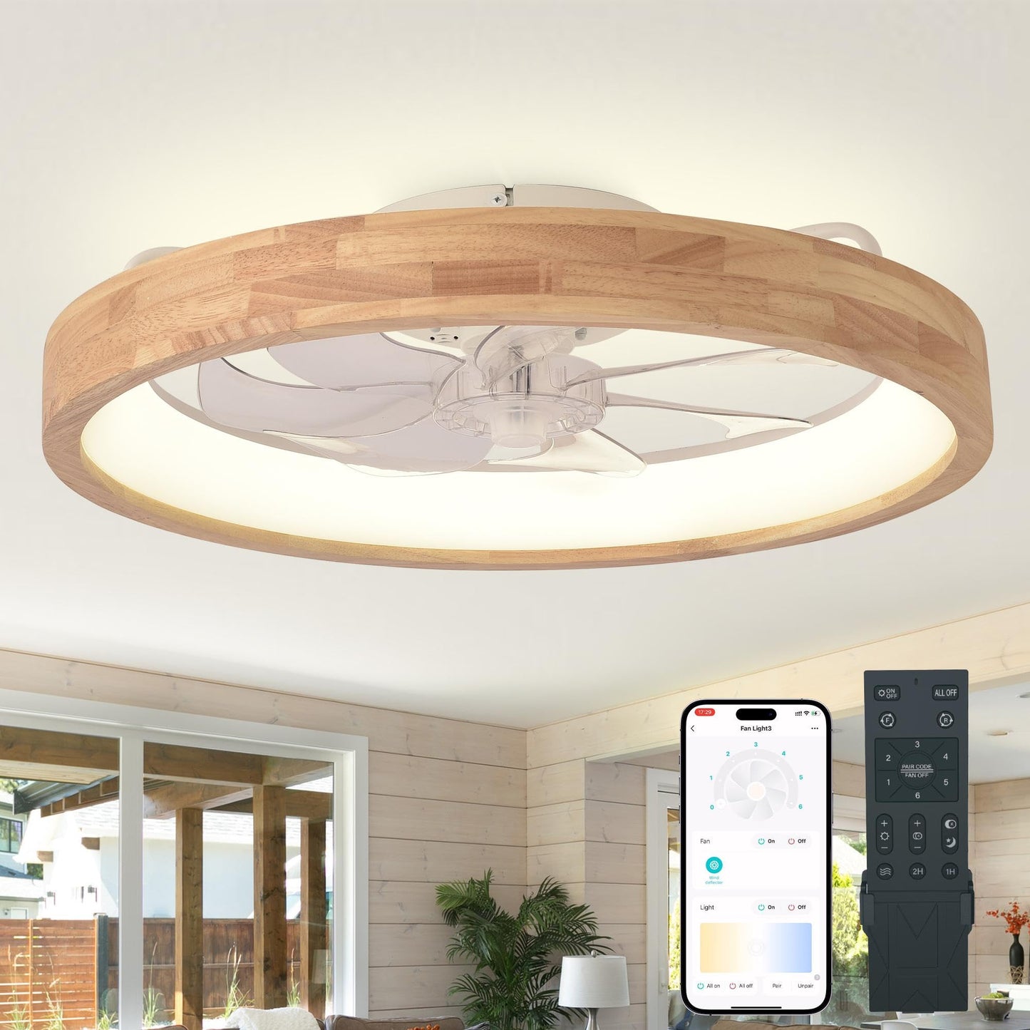 Oaks Aura 24 Low Profile Ceiling Fan with Light,3 Color Dimmable LED,6 Speeds,Reversible DC Motor,Wooden Flush Mount Ceiling