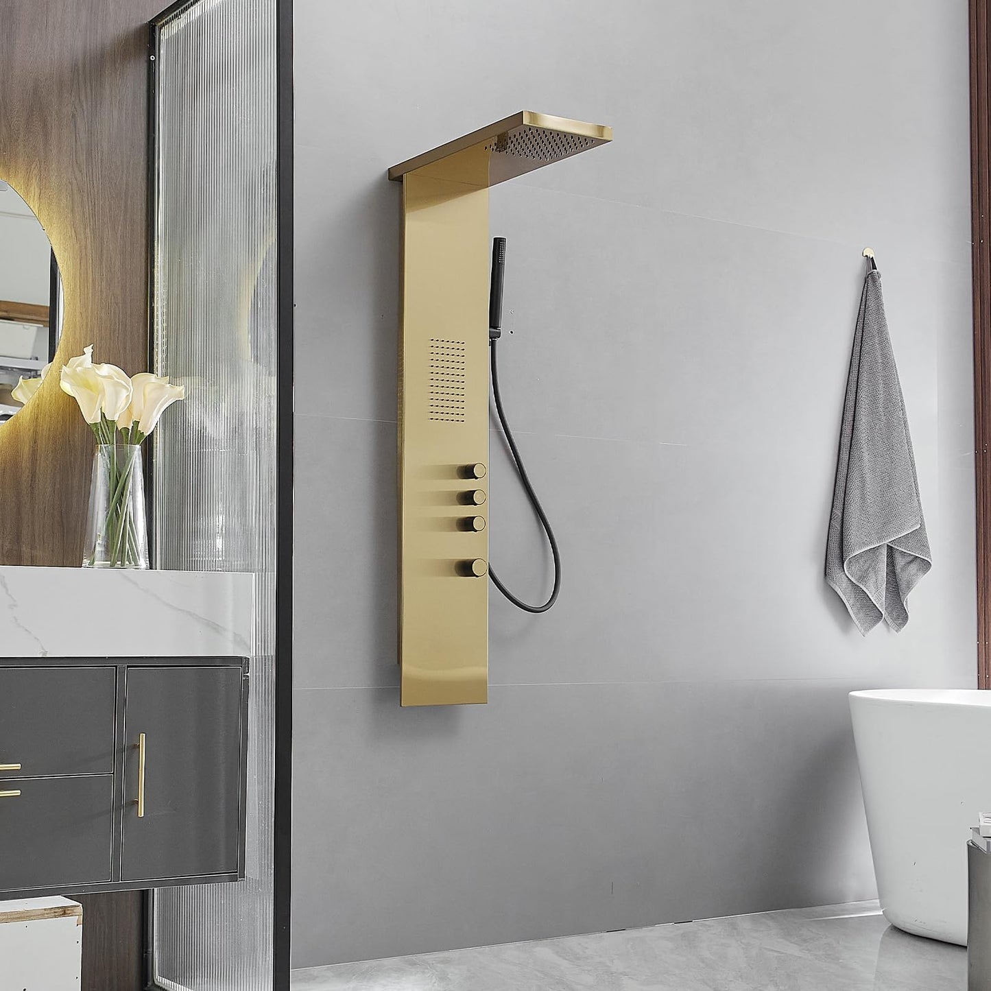 Greenspring Shower Tower Bathroom Shower Panel System with Rainfall Shower Head Hand Shower and Large Area Body Spray, Stainless Steel Multi-Function Shower Fixtures, Brushed Gold