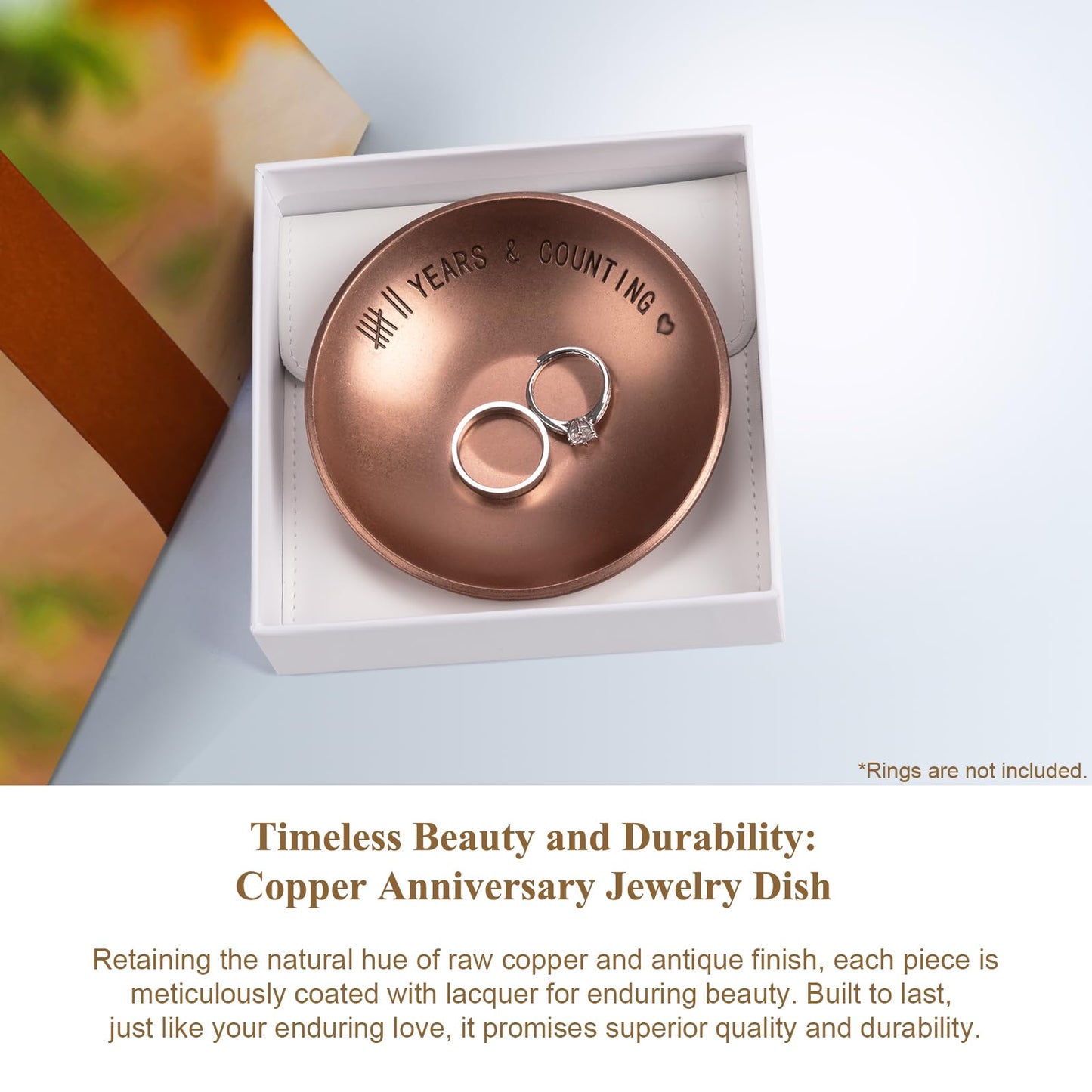 Urllinz 7 Year Anniversary Copper Gifts for Him Her - 7th Anniversary Jewelry Tray for Men Women Wife Husband Couple, Ring Holder Dish & Card & Gift Box, 4"