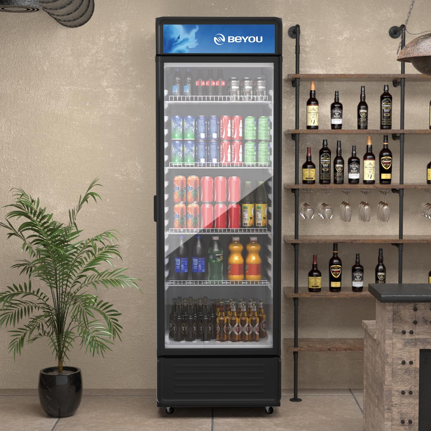 BEYOU Display Merchandiser Refrigerator, 13.3 cu. Ft Commercial Upright Beverage Fridge with single Glass Door, Drink Cooler for Living Room,Bar,Garage(Black)