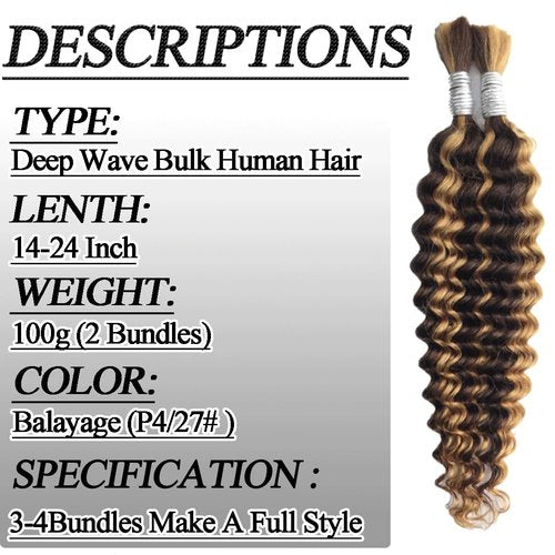 24 Inch Deep Wave Bulk Human Hair For Braiding 100g/2 Bundles Human Braiding Hair For Boho Braids 12A No Weft Deep Wave Curly Human Hair Extensions Balayage(100g,24inch,P4/27#)
