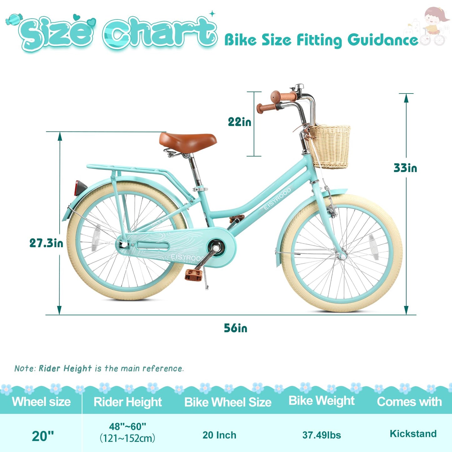 kaiwrxin 20 Inch Girls Bike, Single Speed Kids' Bicycles with Basket and Kickstand, Kids Beach Cruiser Bike for Girls, Adjustable Seat, Multiple Colors (Green)