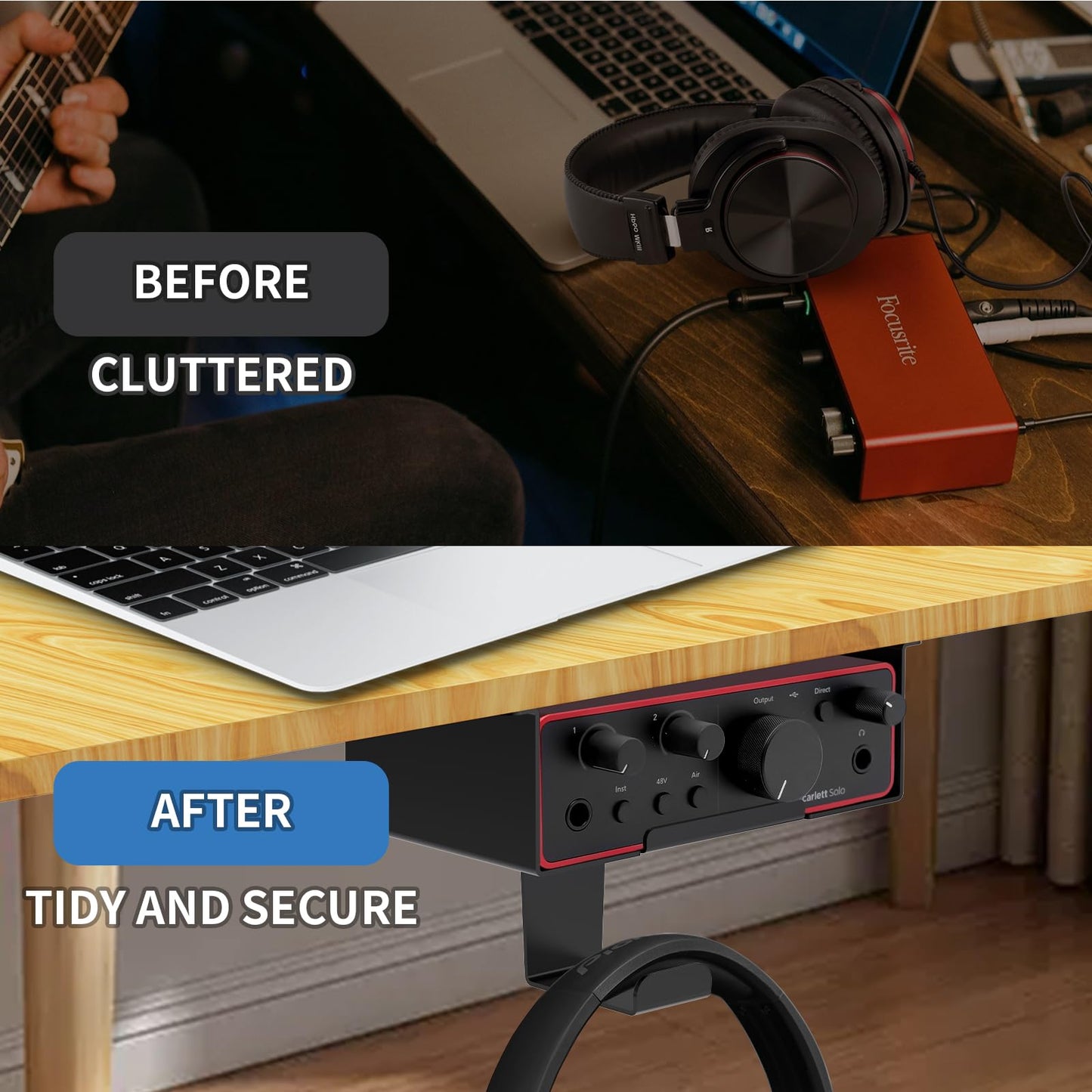Fsniweko Under Desk Mount For Focusrite Scarlett Solo 3Rd Gen/Solo 4Th Gen With Headphone Hanger Stand,Under Desk Metal Shelf Or