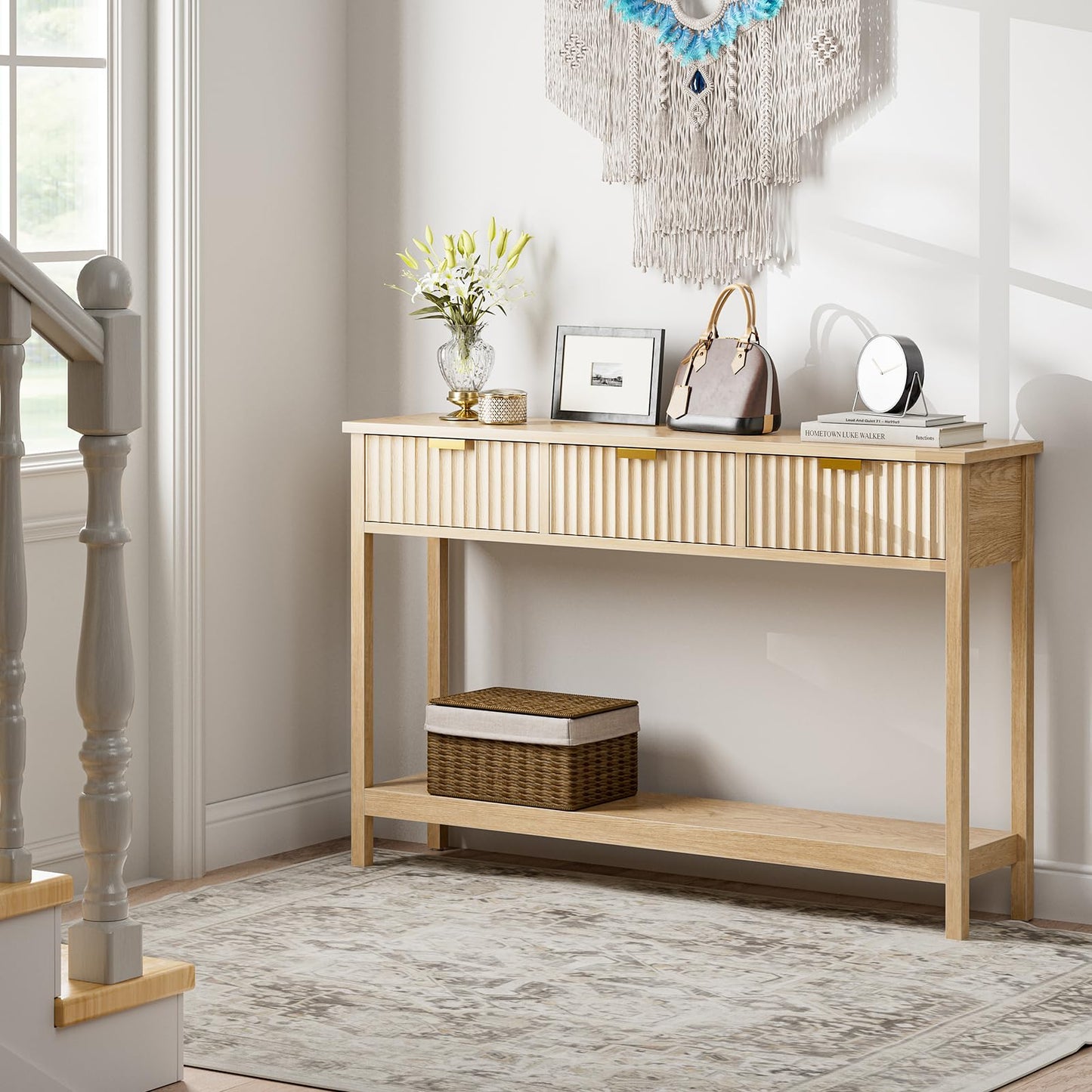 LCRBOL Console Table with Storage, Boho Entryway Table with 3 Fluted Drawers and Shelf, Sofa Table for Living Room, Entryway, Hallway, Natural