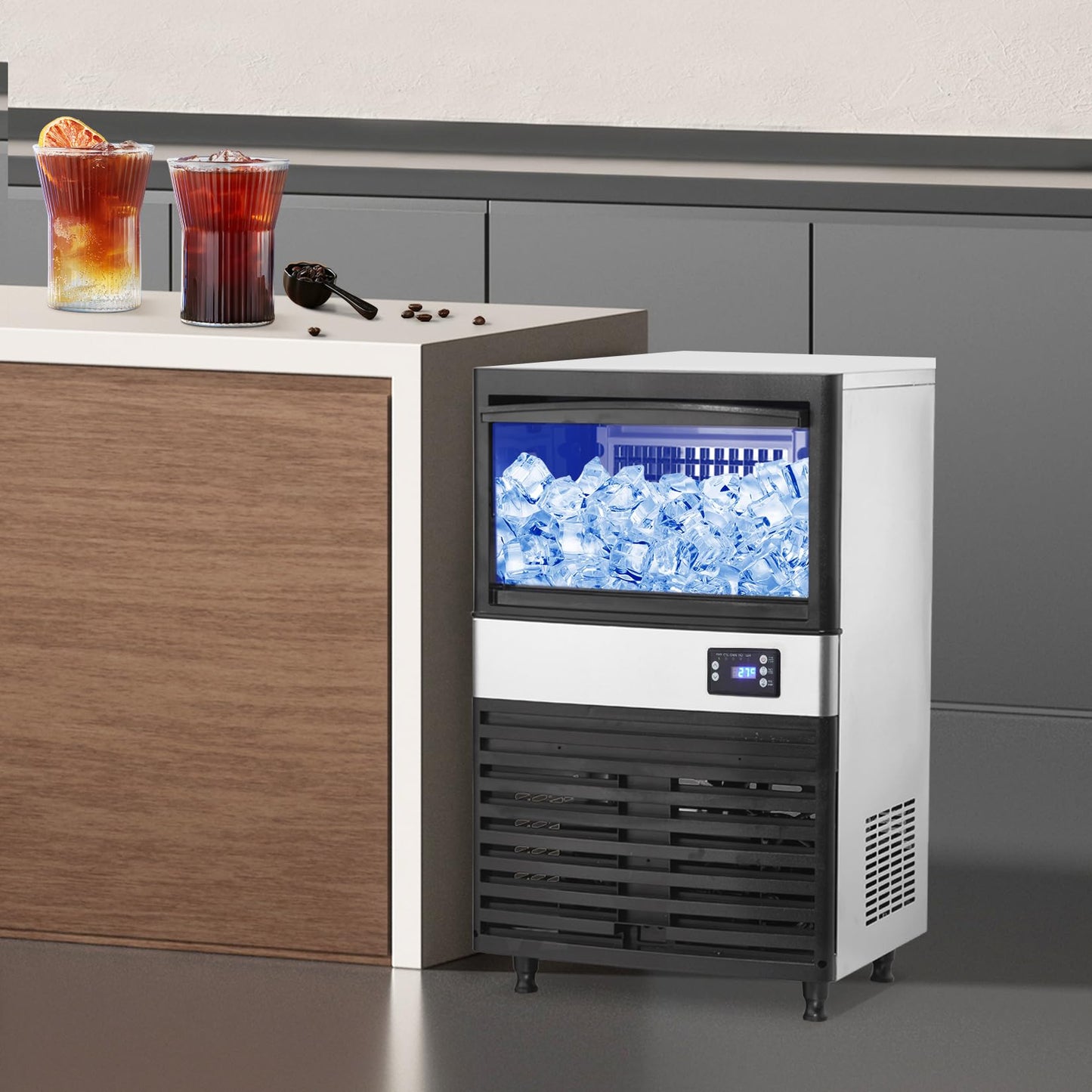 Commercial Ice Maker Machine, 150 Lbs/24H Ice Machine with 30 Lbs Storage Bin, Under Counter Ice Maker Machine with with Led Digital Display, Auto-Clean, Blue Light, Ideal for Home, Restaurant, Bar