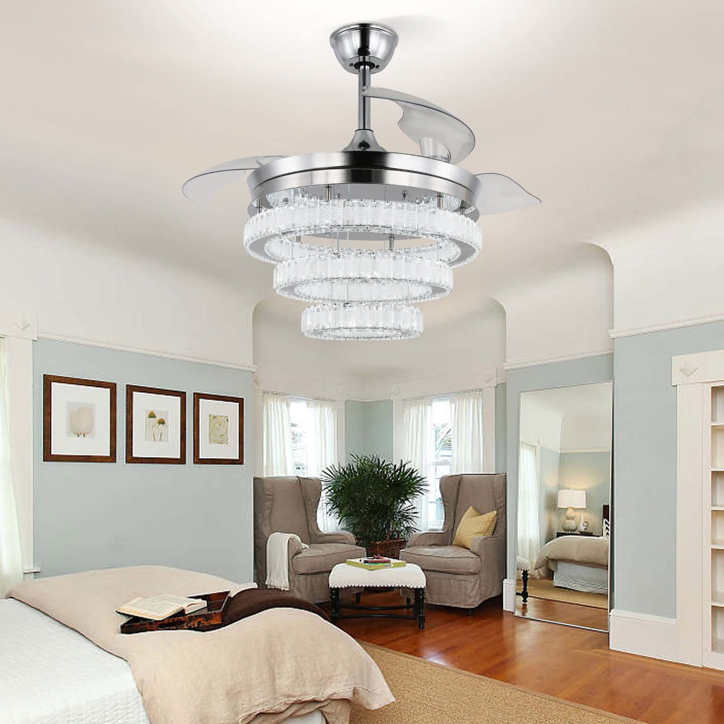 FRIXCHUR 42 Inch Crystal Chandelier Ceiling Fans with Lights Dimmable LED Fandeliers Silver Ceiling Fan with Light and Remote