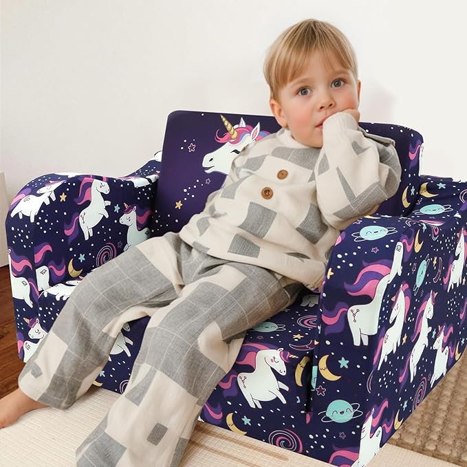 MeMoreCool Kids Folding Couch – Purple Unicorn Toddler Chair, Fold-Out 2-in-1 Sofa Bed Comfy Foam Seating, Washable Cover, Armrests & Side Pocket for Playroom or Nursery Ages 1–3