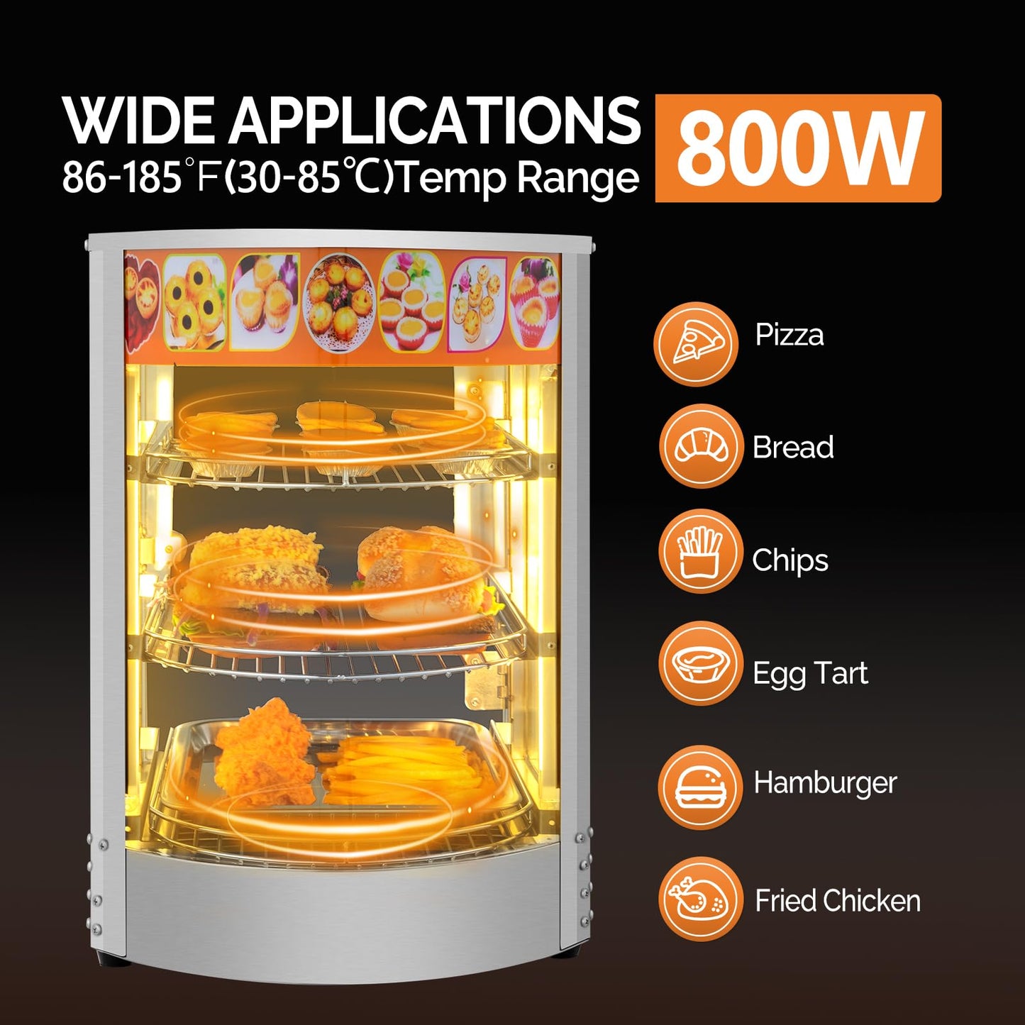 ROVSUN 3-Tier Food Warmer Pizza Warmer Countertop, Commerical Food Warmer Display with LED Lighting Removable Shelves Glass Door, Pretzel Warmer for Buffet Restaurant Cafe, 110V 800W