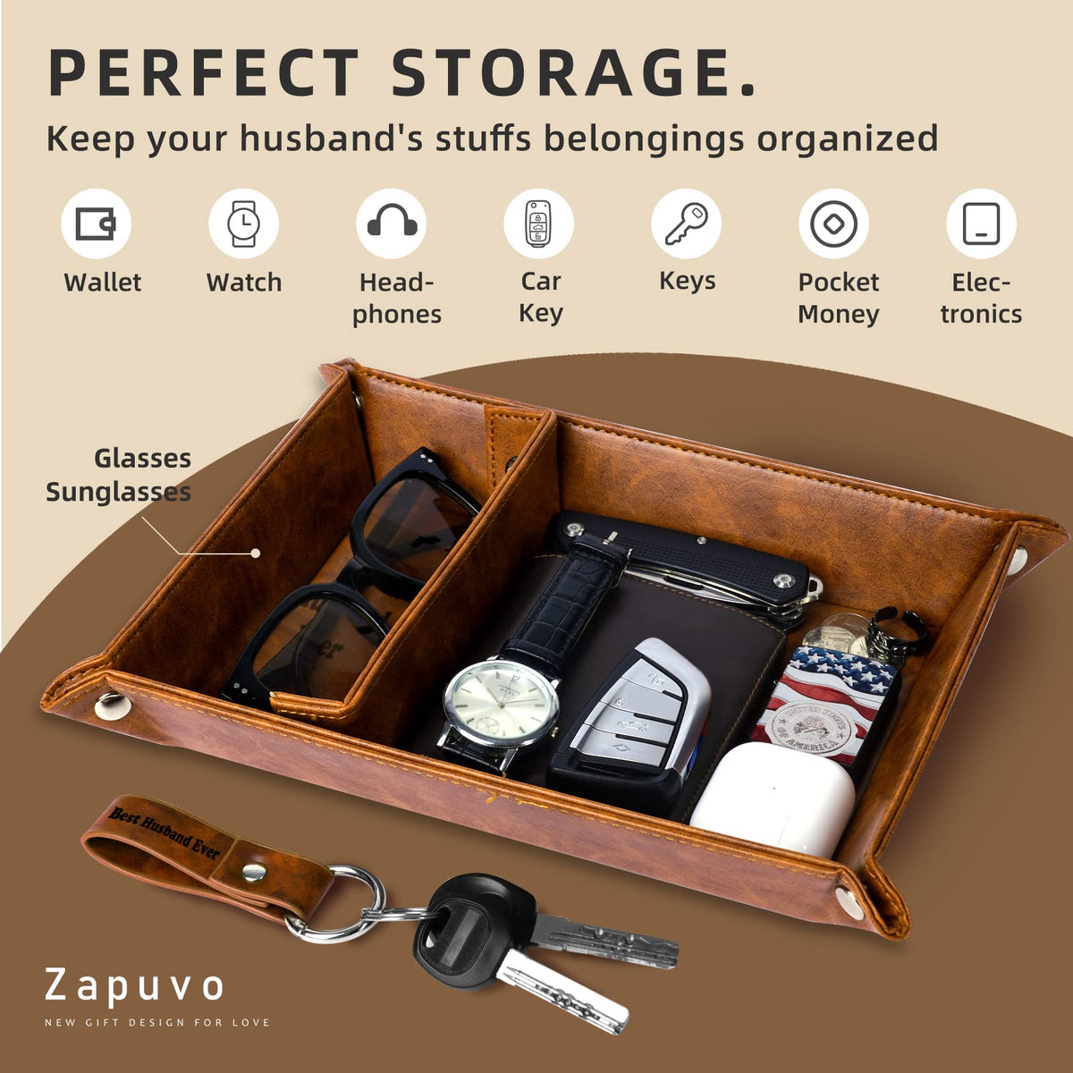 ZAPUVO Best Husband Ever PU Leather Tray and Keychain, Men Anniversary Birthday Gifts Ideas for Husband Him Boyfriend Who Has Everything from Wife, Christmas Xmas Gifts Stocking Stuffers for Men Him