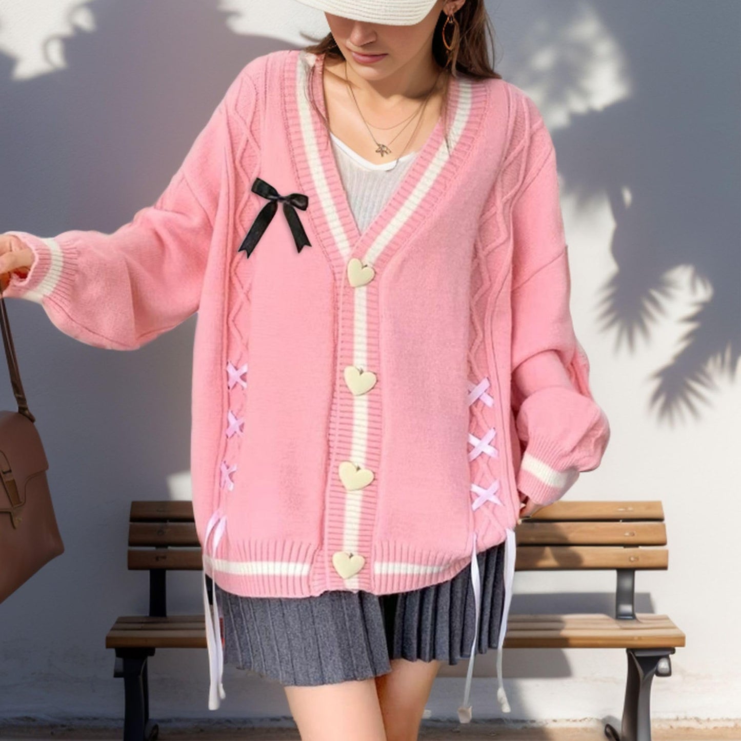 FindThy Women’s Cute Sweet Cardigan Sweater Kawaii Love Button Long Sleeve V-Neck Bowknot Knitted Outerwear(4060-03Pink-OneSize-LB)