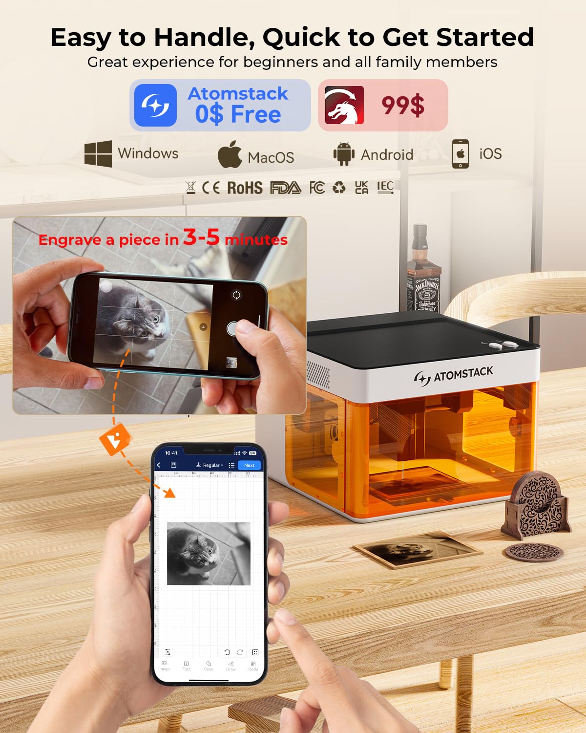 ATOMSTACK P1 Dual Laser Engraver, 5W Diode, 1.2W Infrared Laser, Laser Cutter, Enclosed Laser Engraving Machine, Beginners, Hobbyists, Stainless Steel, Black Acrylic, Unibody Laser, 2-in-1 Laser