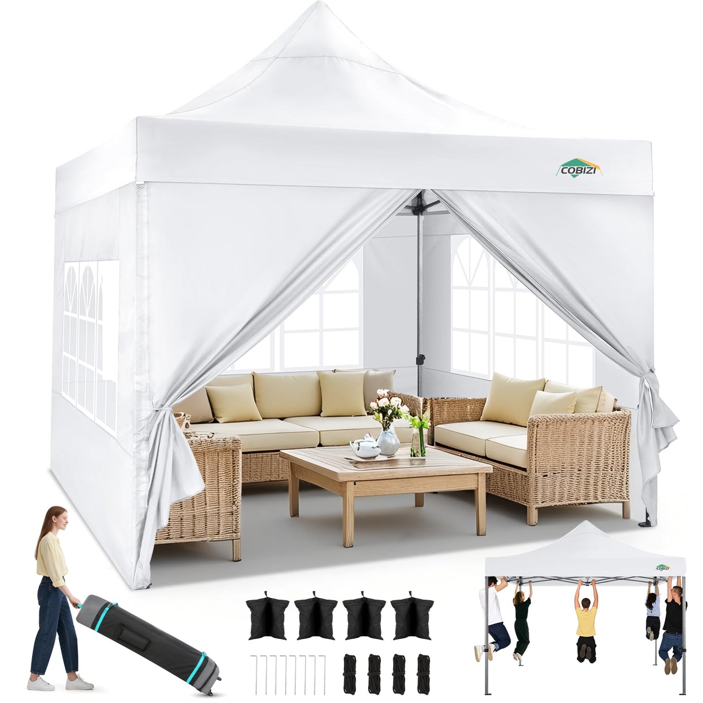 COBIZI 10x10 Pop up Canopy Tent Heavy Duty with 4 Sidewalls, Easy Set-up Commercial Outdoor Party Tent, 100% Waterproof Wedding Tent Gazebo, 3 Height Adjustable with Wheeled Bag,White