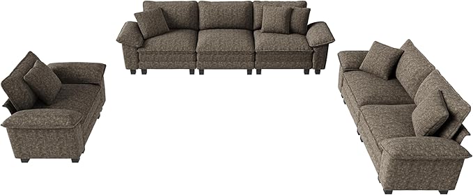MIXPATIO U-Shaped Cloud Modular Sofa Set, Deep Seat 3-Piece 7-Seater Sectional Couch & Removable Arms, Plush Chenille for Living Room - Smoky Gray