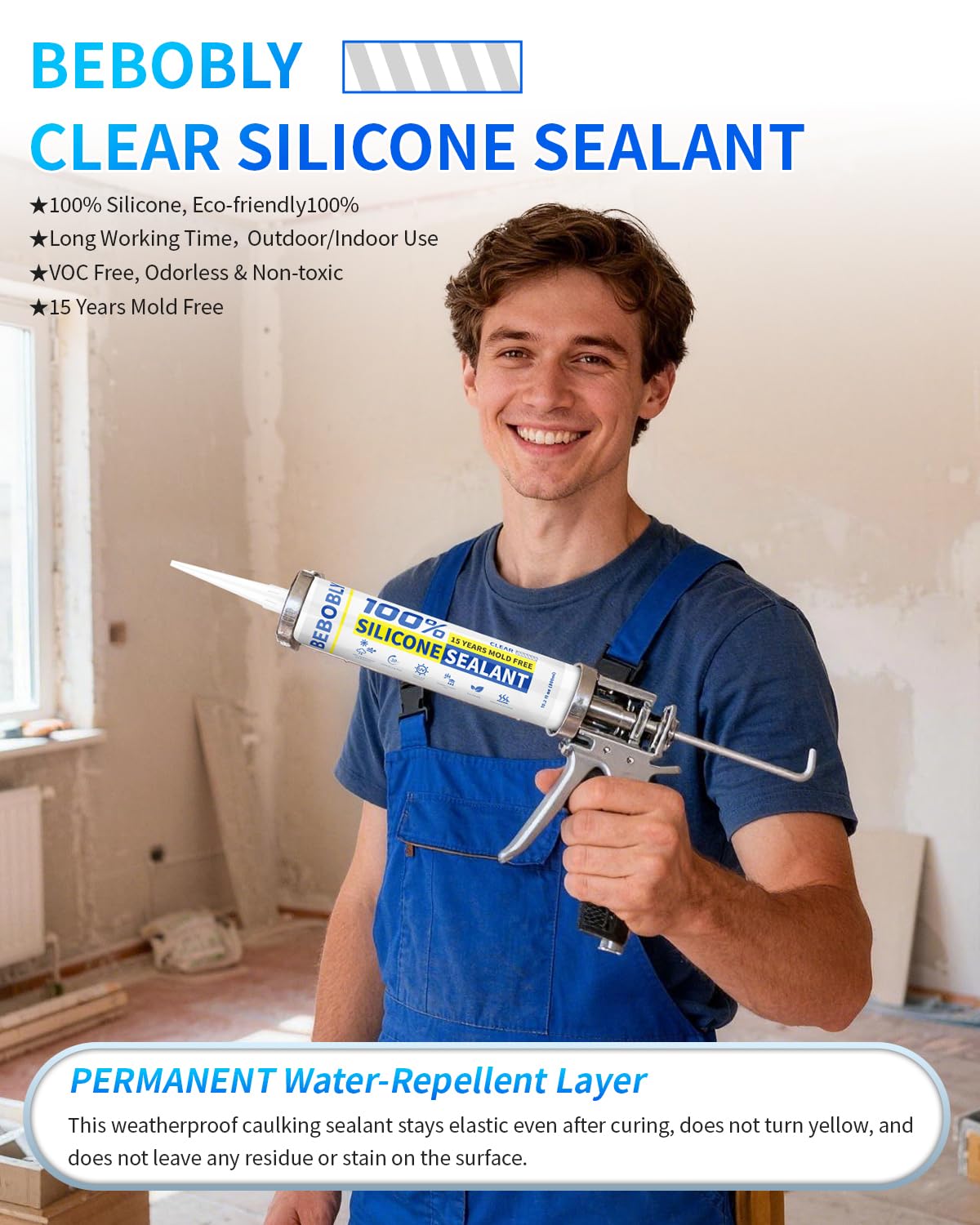 Silicone Caulk & Sealant Clear, 100% Waterproof Silicone Sealant, Shrink & Crack Proof, Silicone Caulking for Kitchen, Bathroom, RV, Interior & Exterior Use, 10.2 FL. OZ/300ML, 4 Pack