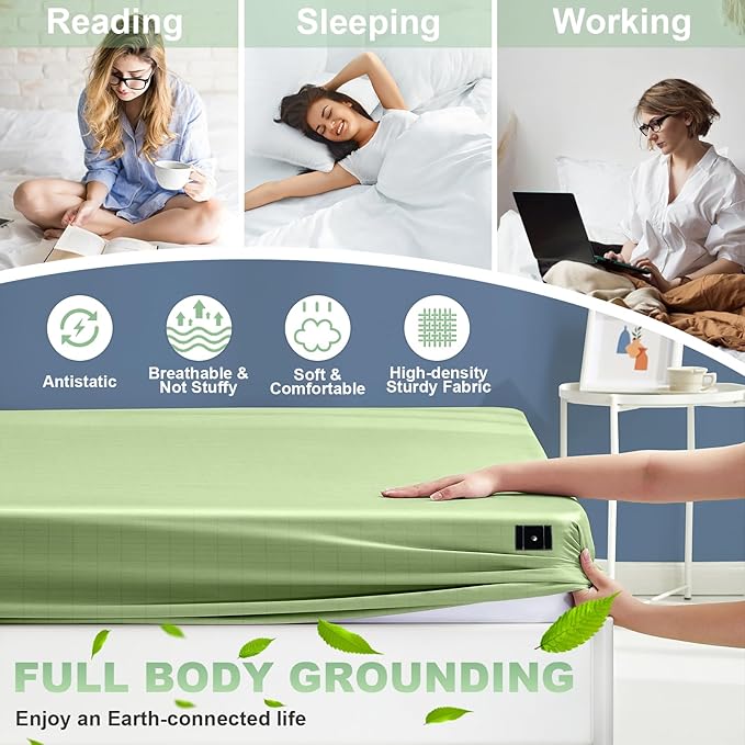 CHALTOUL Grounding Sheets Full XL Premium Cotton for Healthy Sleep Therapy, Deep Pocket Grounding Fitted Sheets Includes Grounding Cord (Sage Green, Full XL -54"x80"x14")